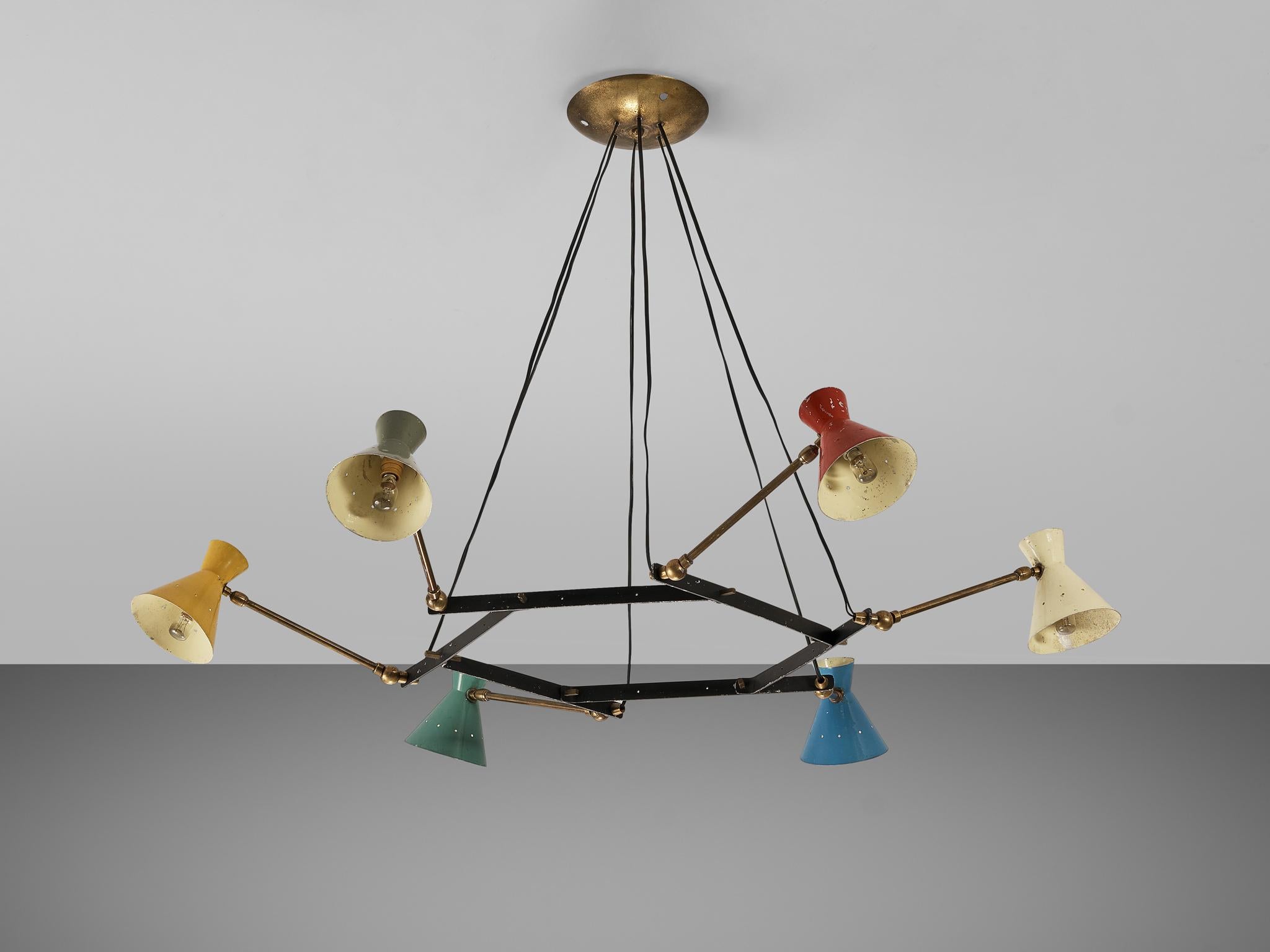 Metal Delicate Adjustable Chandelier with Six Colorful Patinated Shades