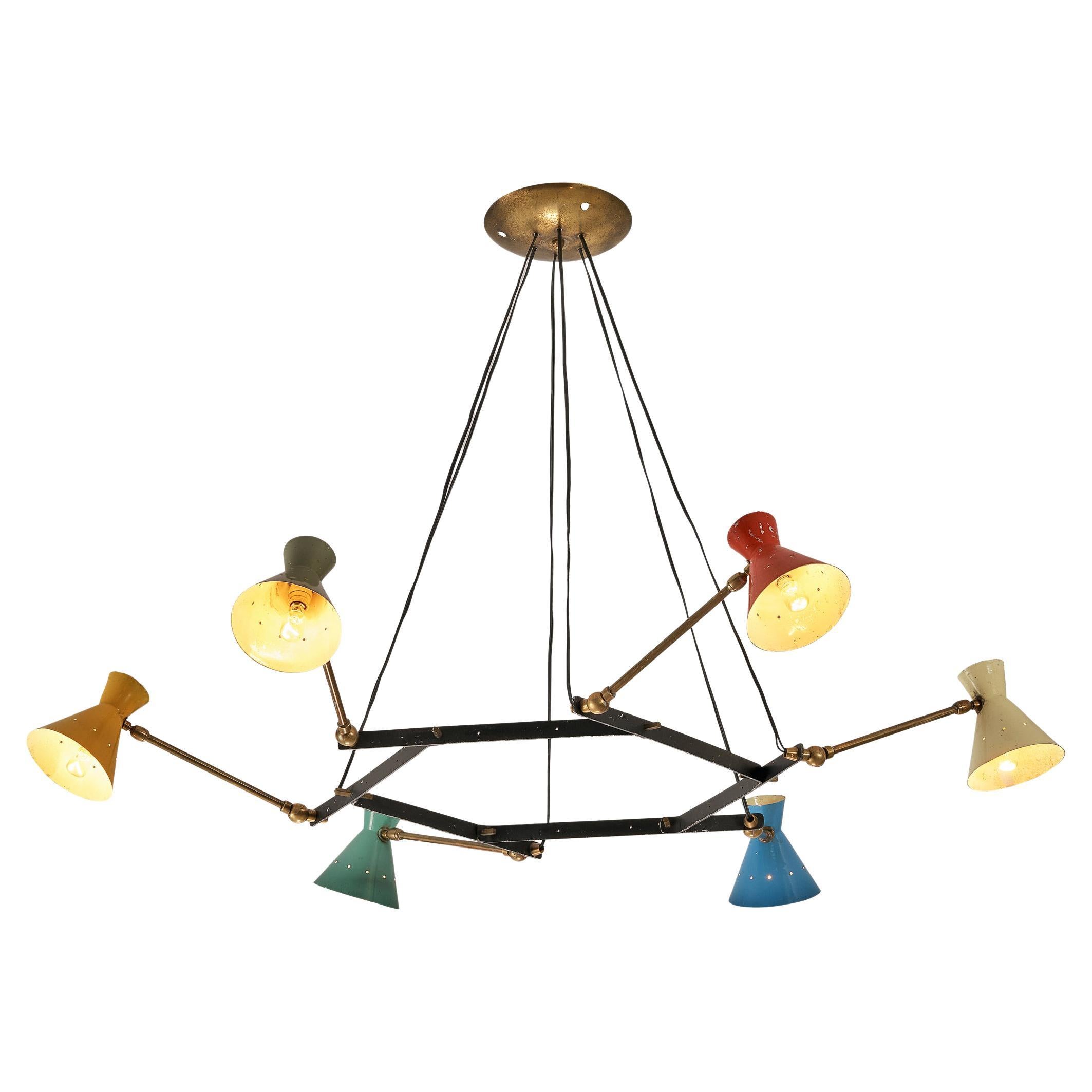 Delicate Adjustable Chandelier with Six Colorful Patinated Shades