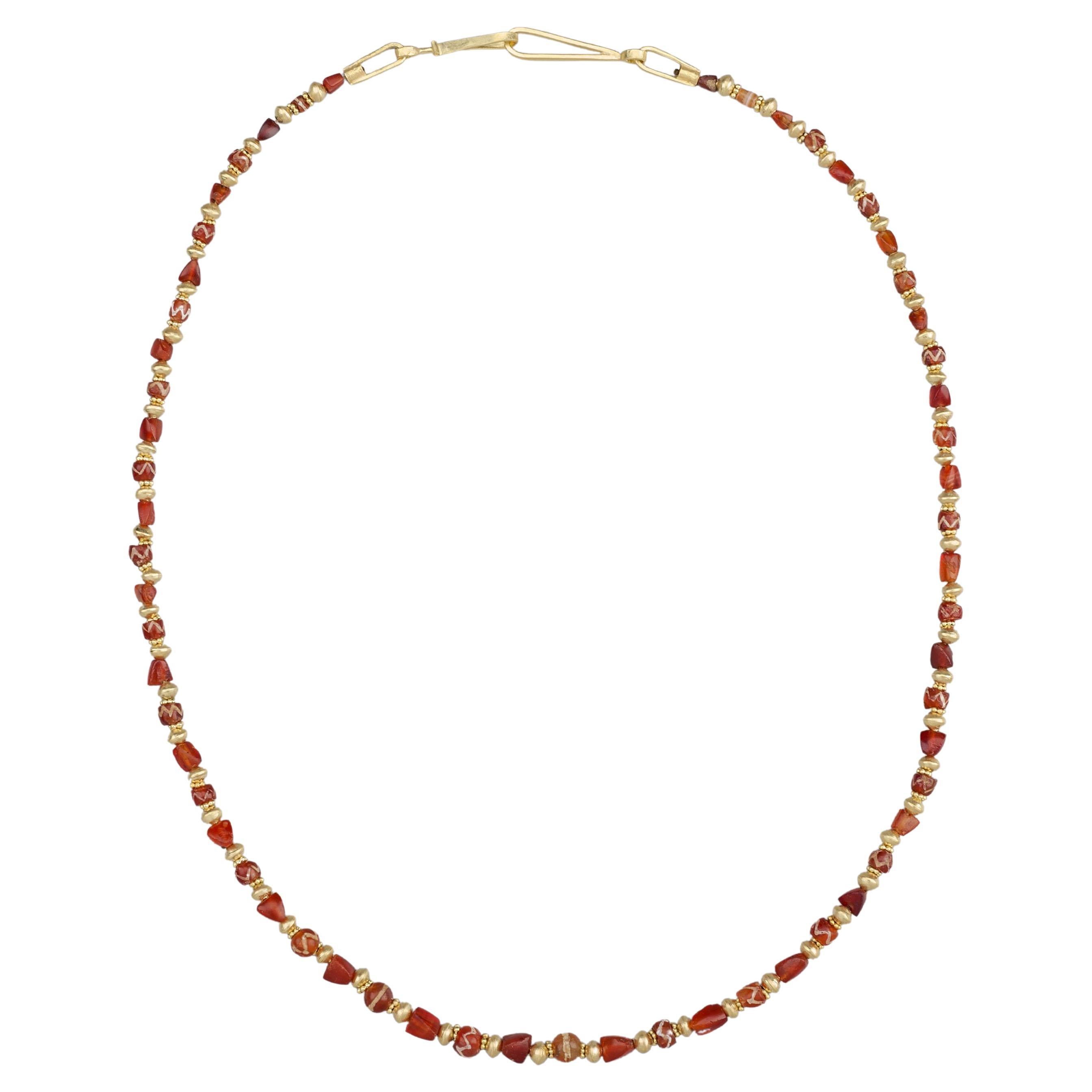 Ancient "Etched" Carnelian Beads with 20k Gold Beads and Clasp For Sale