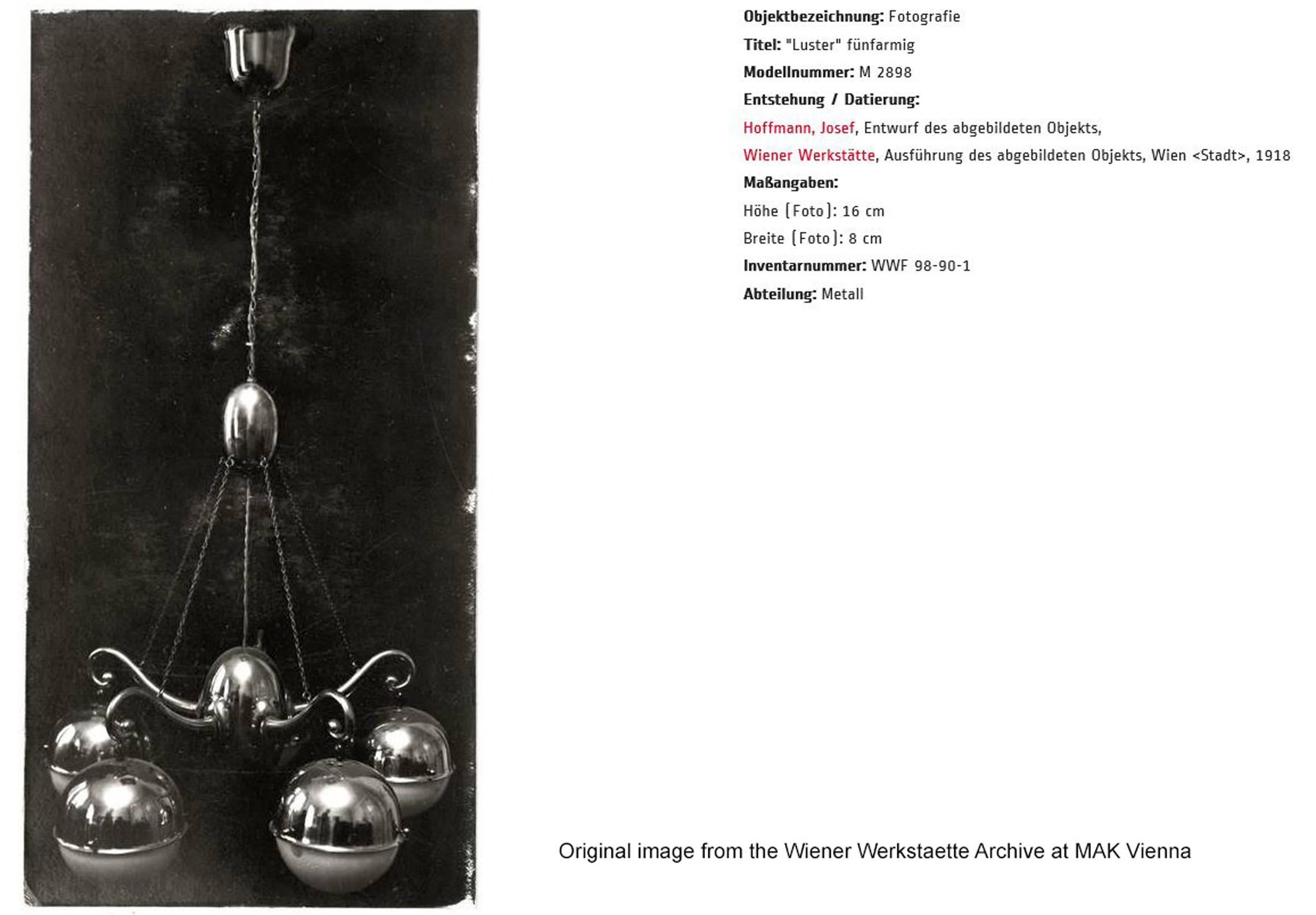 Five-arm chandelier for the Welz Family in Vienna. Lit.: WW Archive at the MAK in Vienna. A three-arm version will cost about 2/3 of the five-arm version
Length custom

Most components according to the UL regulations, with an additional charge we