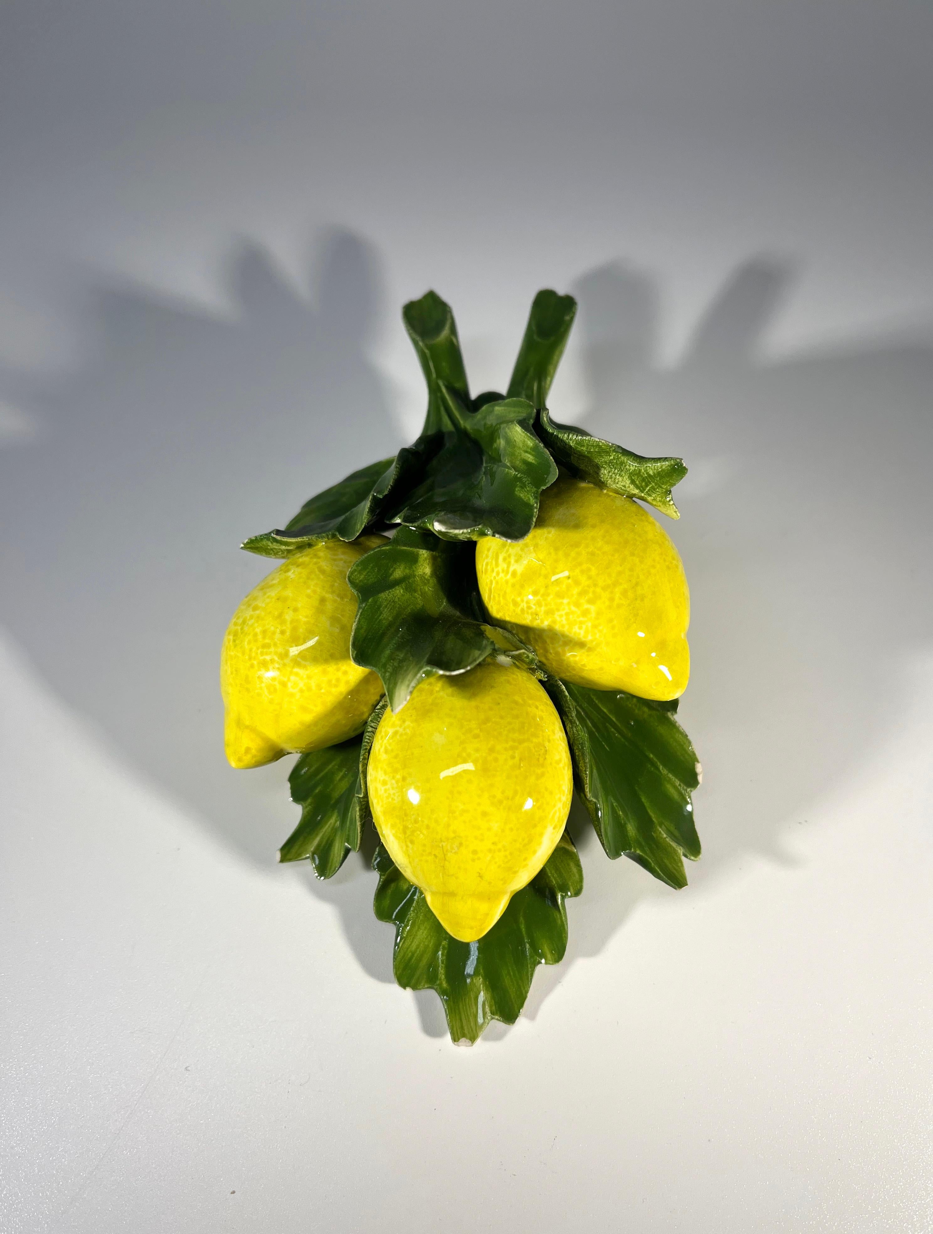 Petite trio of bright citron yellow lemons by Capodimonte L'Atelier, Italy
Fragile and delicately created Italian porcelain decor
Circa 1970's
Signed Capodimonte L'Atelier N
Height 1.5 inch, Width 3 inch, Depth 5.5 inch
In very good condition. Minor