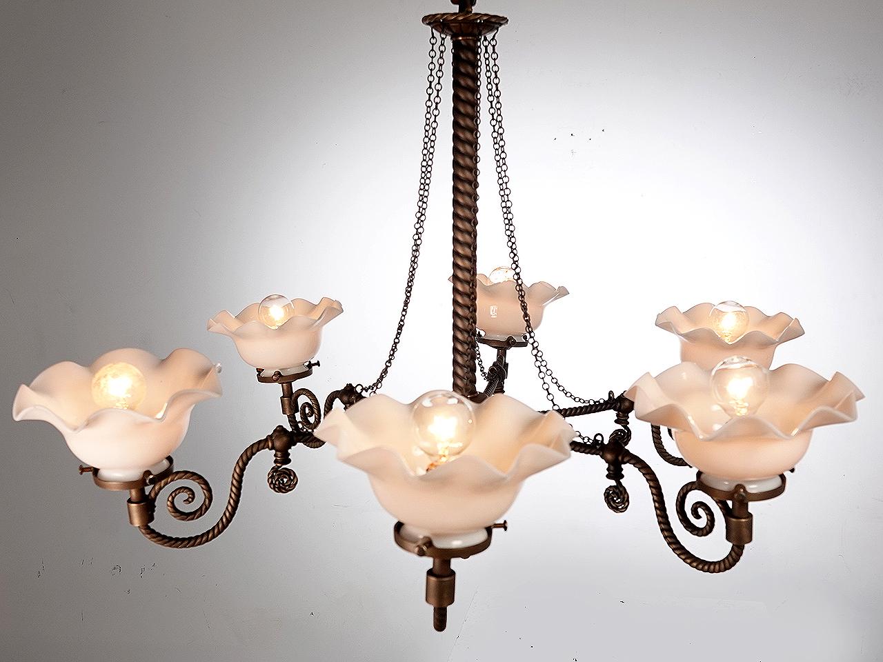American Delicate and Whimsical Six Arm Twisted Pipe Gas Lamp.  For Sale