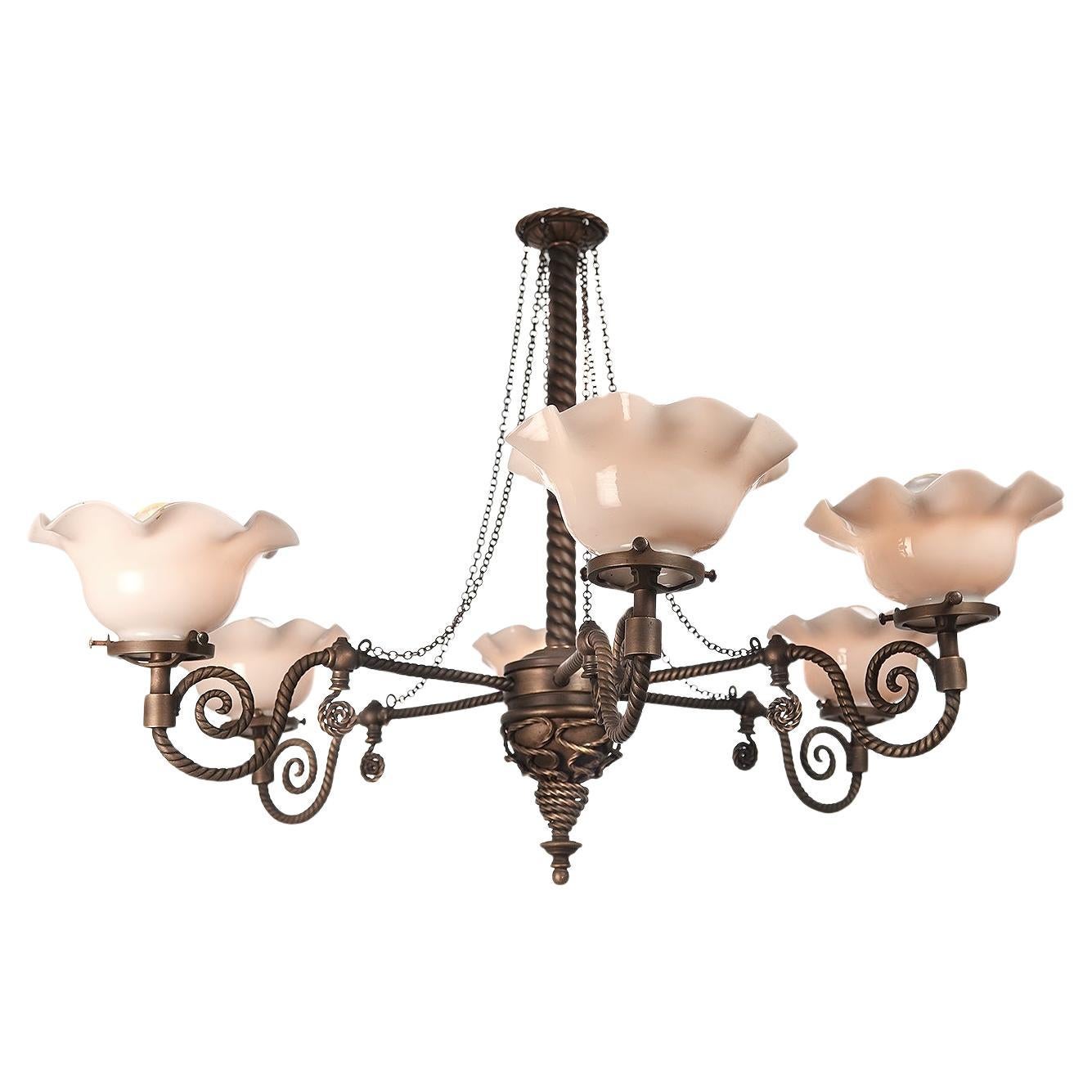 Delicate and Whimsical Six Arm Twisted Pipe Gas Lamp.  For Sale