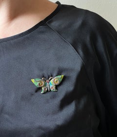 Delicate Antique Plique-a-Jour Enamel Diamond Gold Silver Butterfly Brooch