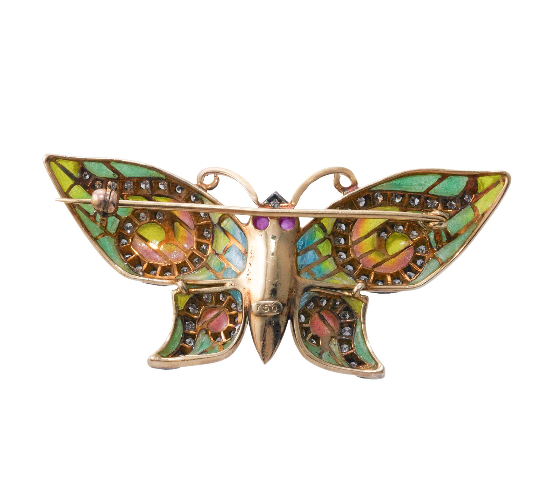 Round Cut Delicate Antique Plique-a-Jour Enamel Diamond Gold Silver Butterfly Brooch For Sale