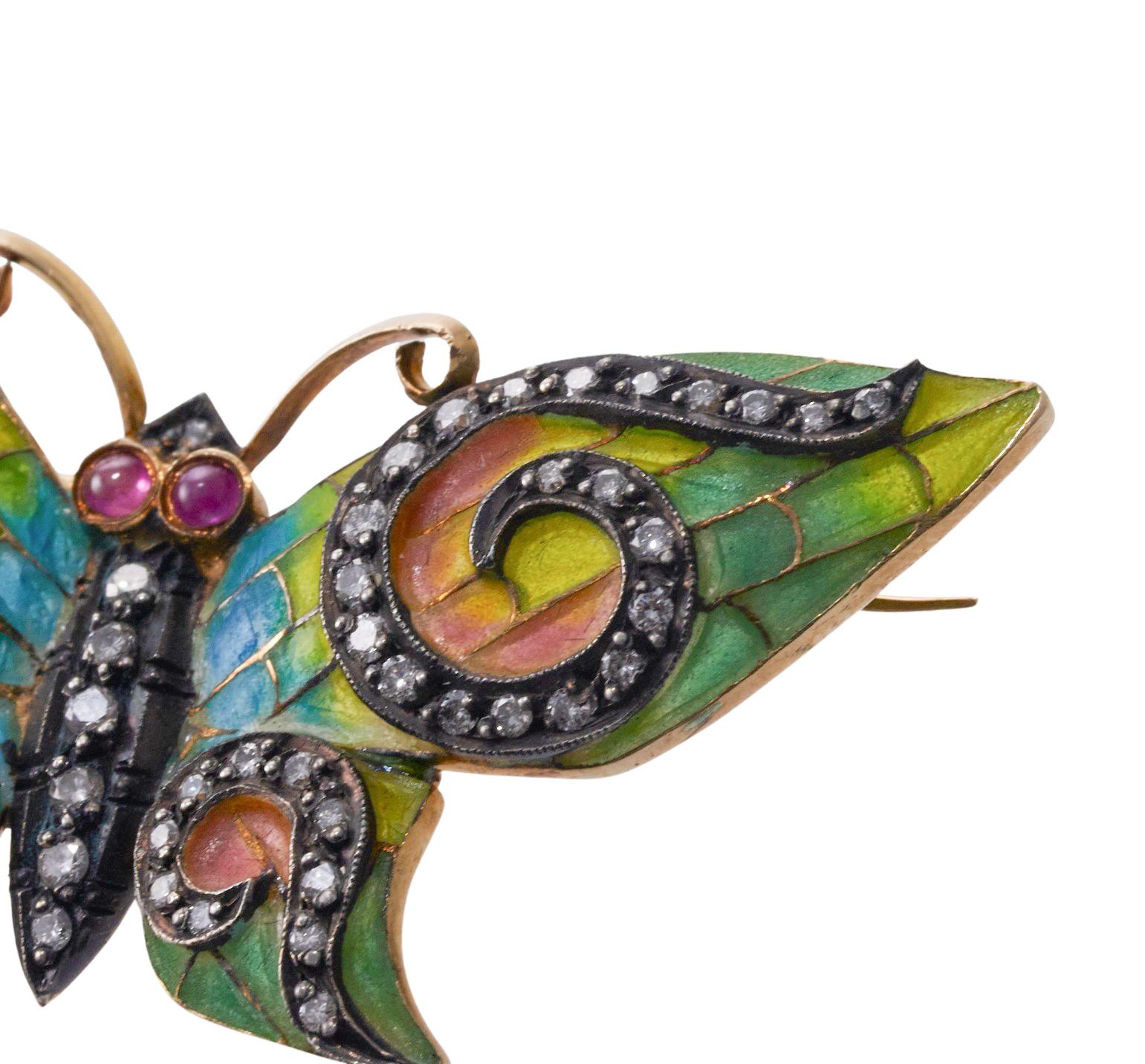 Delicate Antique Plique-a-Jour Enamel Diamond Gold Silver Butterfly Brooch In Excellent Condition For Sale In New York, NY