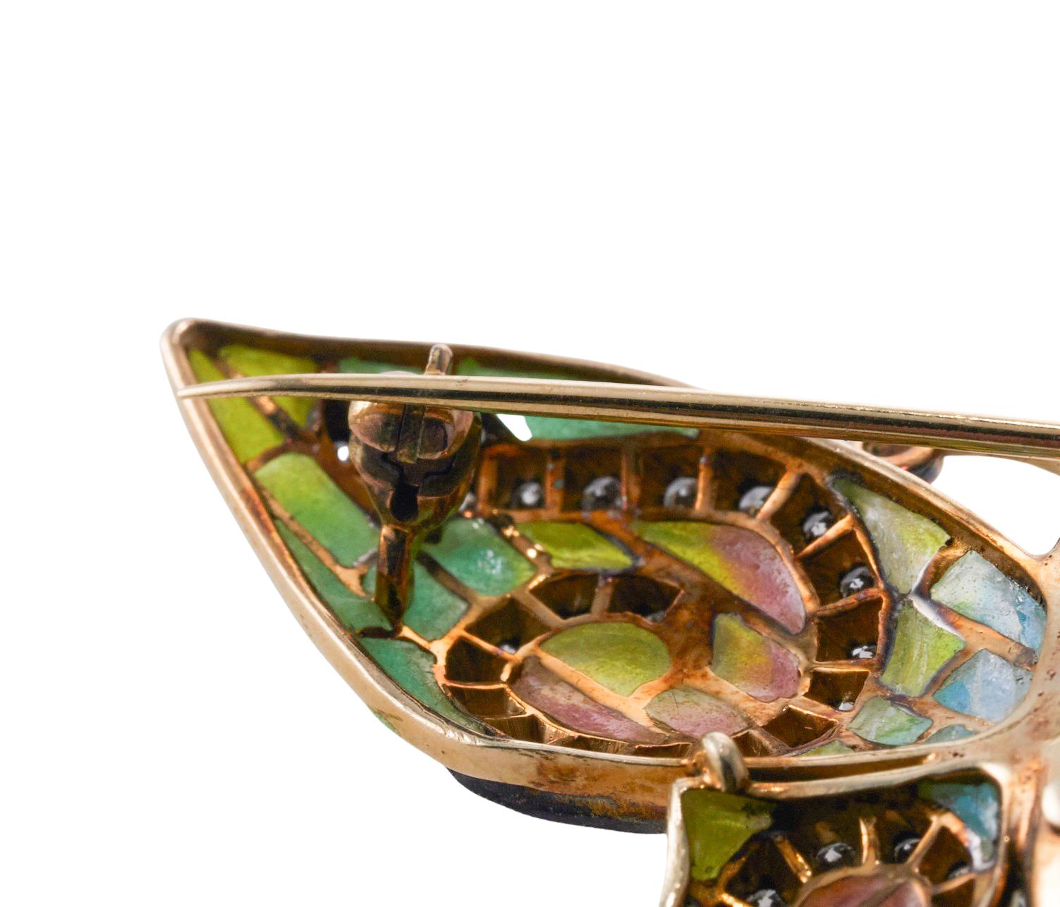 Delicate Antique Plique-a-Jour Enamel Diamond Gold Silver Butterfly Brooch For Sale 1
