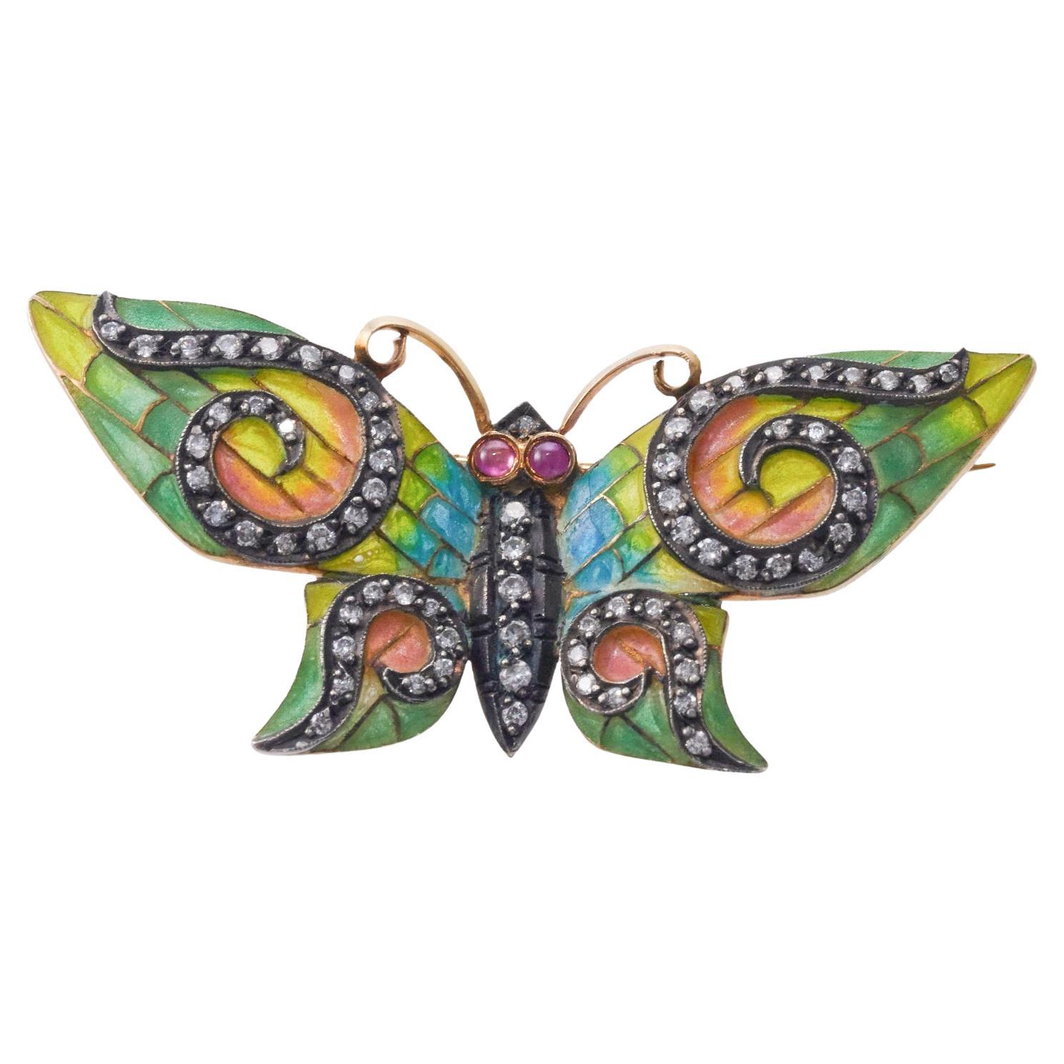 Delicate Antique Plique-a-Jour Enamel Diamond Gold Silver Butterfly Brooch