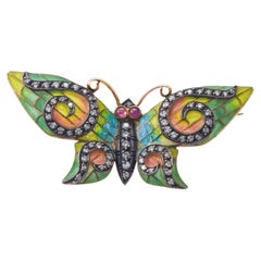 Delicate Antique Plique-a-Jour Enamel Diamond Gold Silver Butterfly Brooch (Broche papillon)