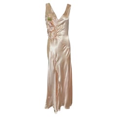 Delicate Blush Pink Satin Bias-Cut Gown with Floral Accent, 1930s