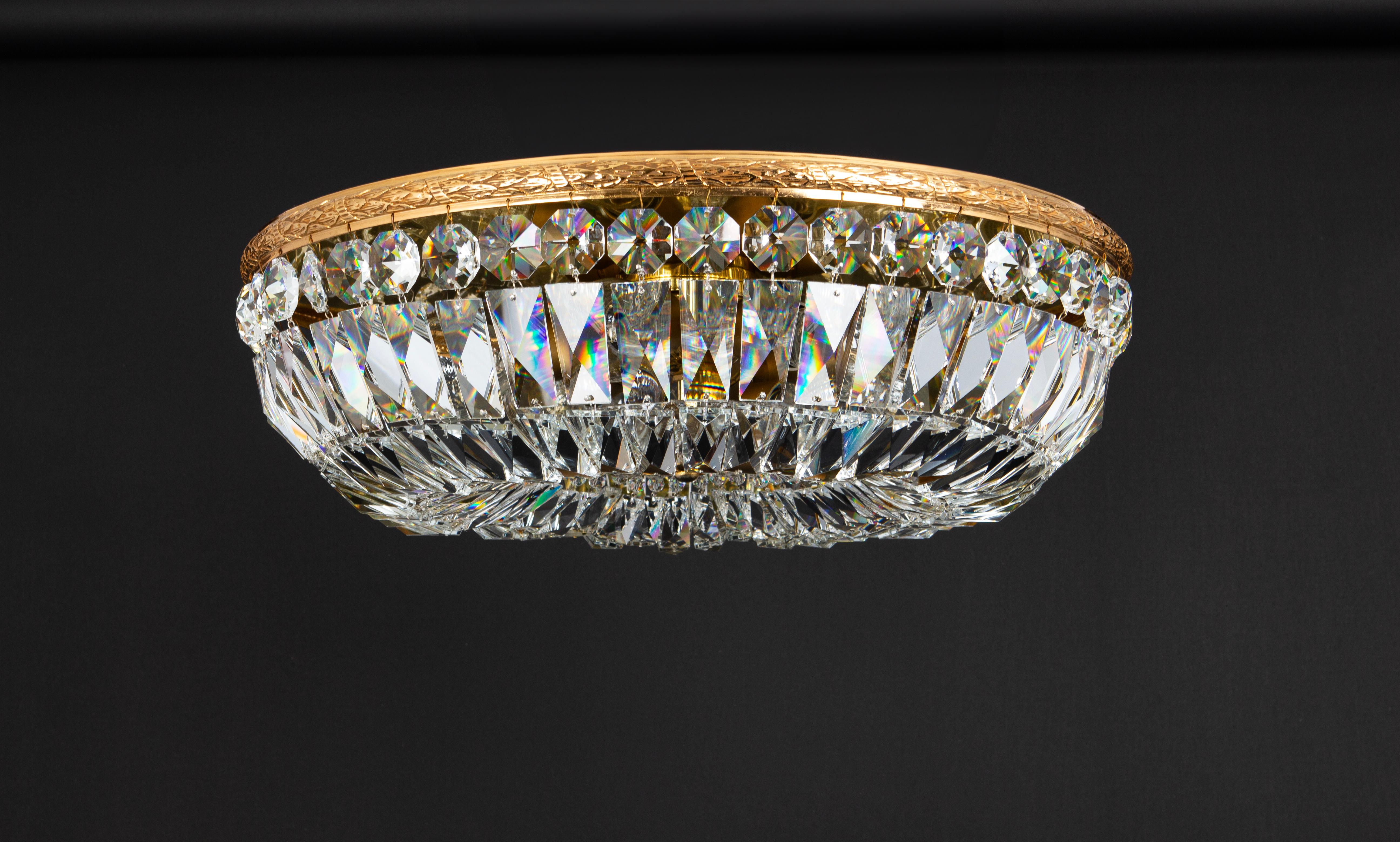 Late 20th Century  Delicate Brass and Crystal Flush Mount by Palwa, Germany, 1970s