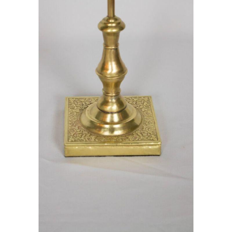 Never electrified, brass oil lamp with rose stamping in base. Hand polished and waxed, so it will develop an even patina over time. C. 1870. As is. Some damage to bottom of burner, shown in picture.

Dimensions:
Height: 24?
Width: 13?
Depth: 9