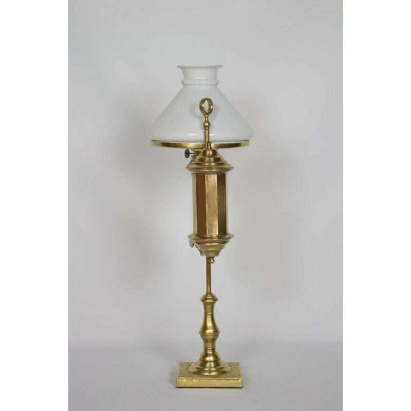 American Delicate Brass Student Light with Original Glass Shade For Sale