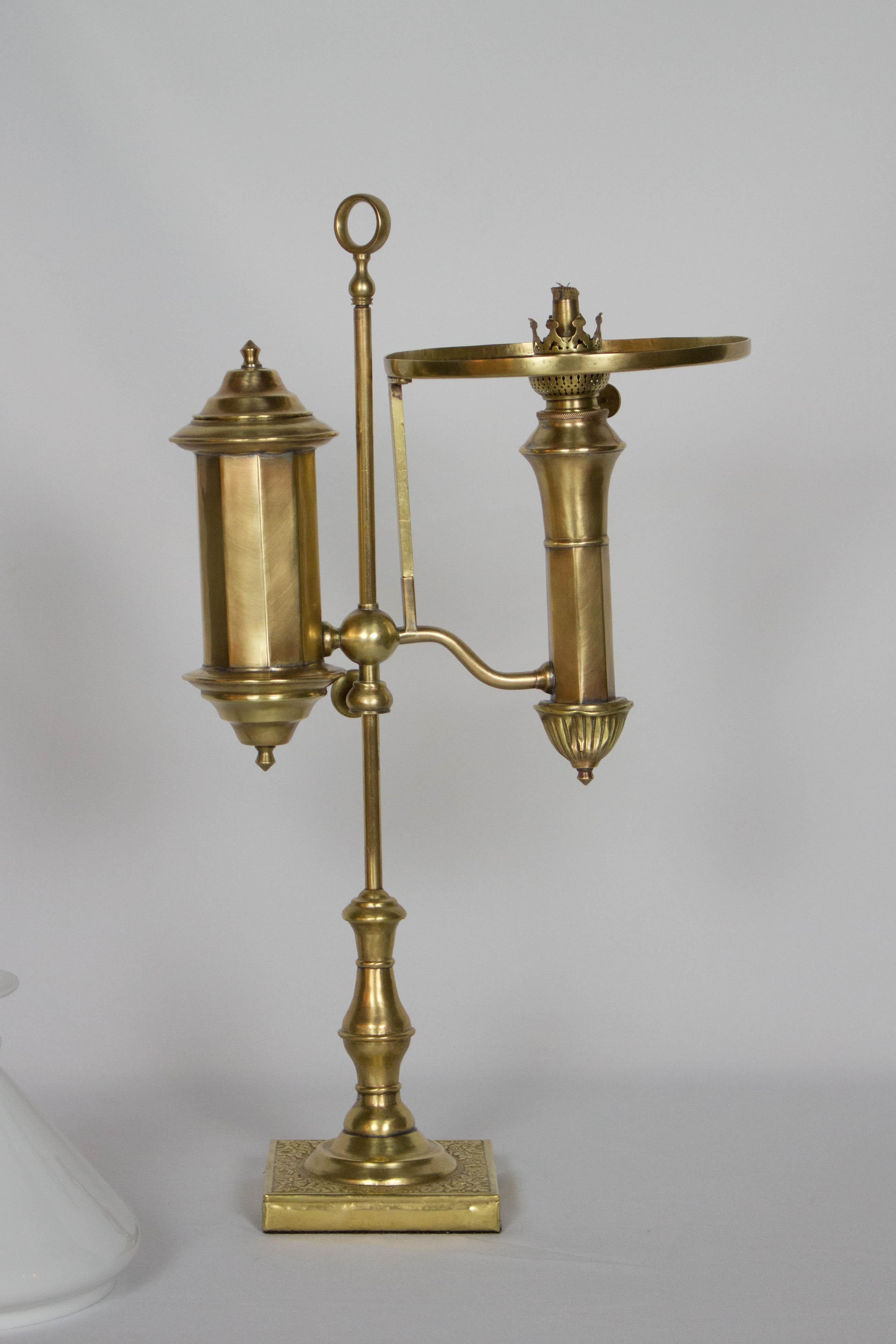 19th Century Delicate Brass Student Light with Original Glass Shade For Sale