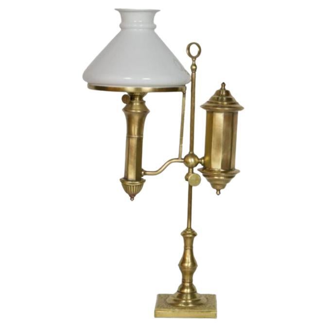 Delicate Brass Student Light with Original Glass Shade For Sale