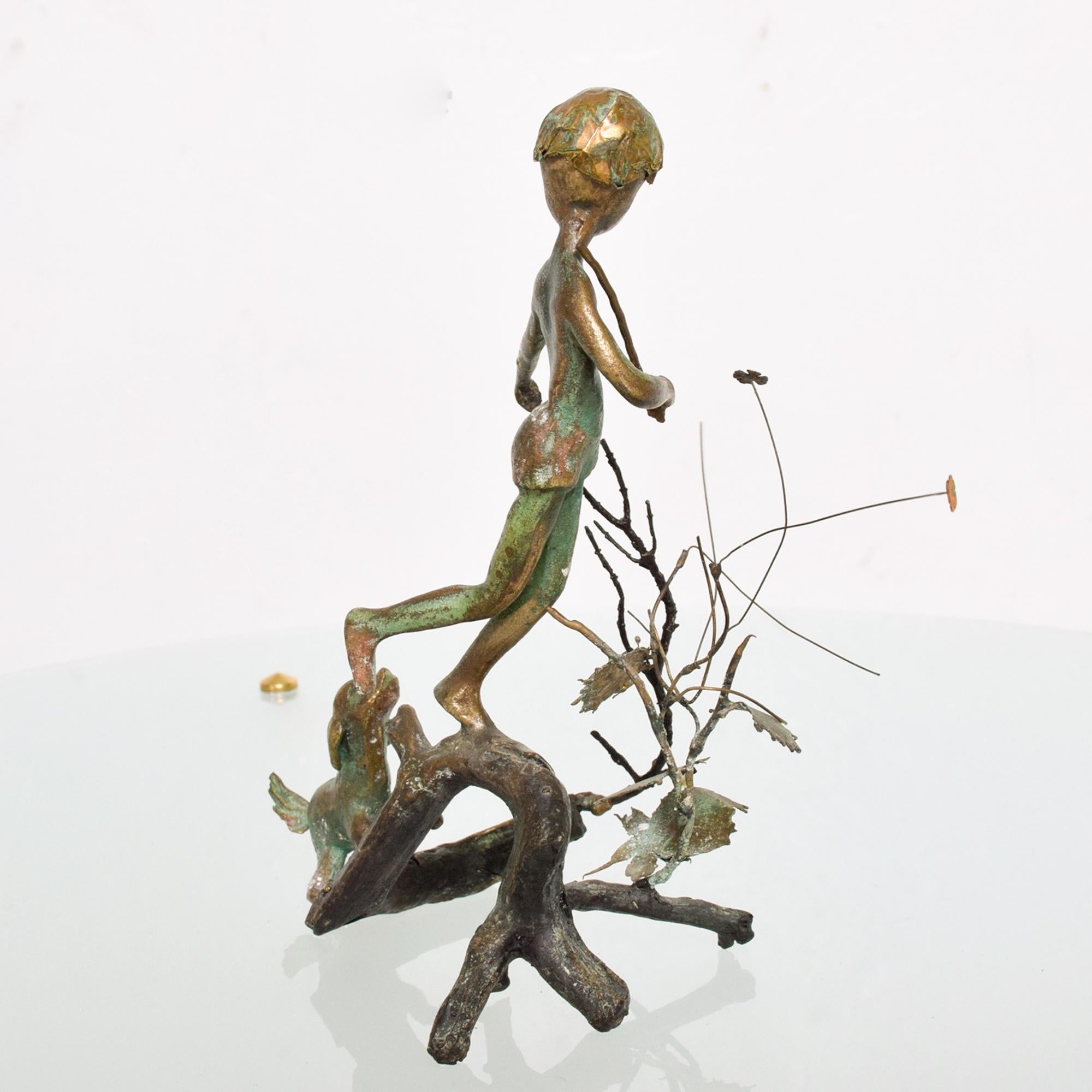 American Classical Bronze Sculpture Boy in Tree with Dog Giacometti Figural Art Style 1940s