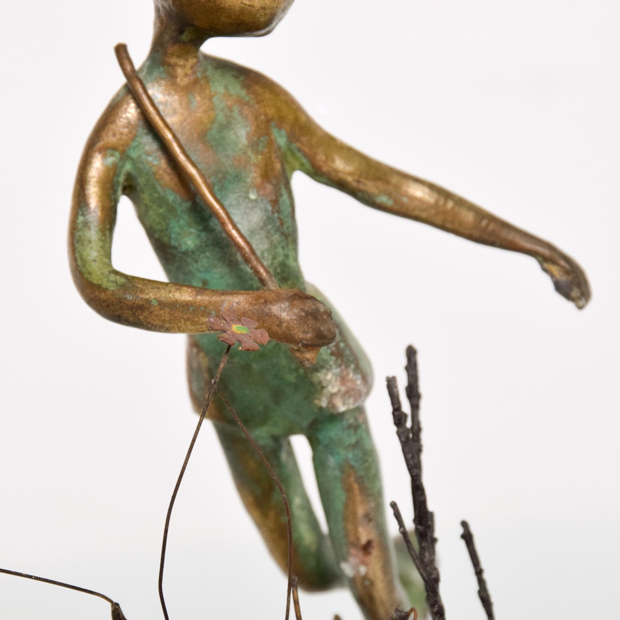 Mid-20th Century Bronze Sculpture Boy in Tree with Dog Giacometti Figural Art Style 1940s