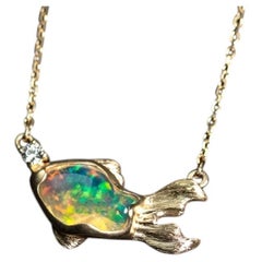 Delicate Bubble Fish Mexican Fire Opal Diamond Pendant Necklace 14K Yellow Gold