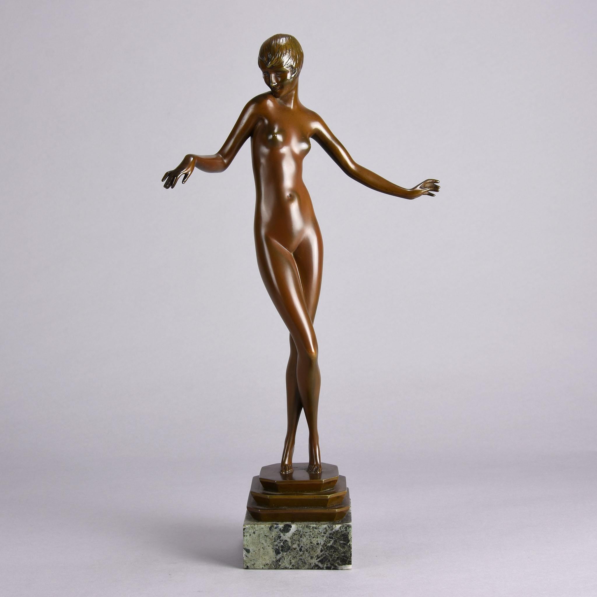 An excellent French early 20th Century Art Deco bronze figure of a young attractive naked woman in an elegant pose with rich brown patination, raised on fitted green marble base & signed P.Philippe and R.U.M. for the Rosenthal und Maeder