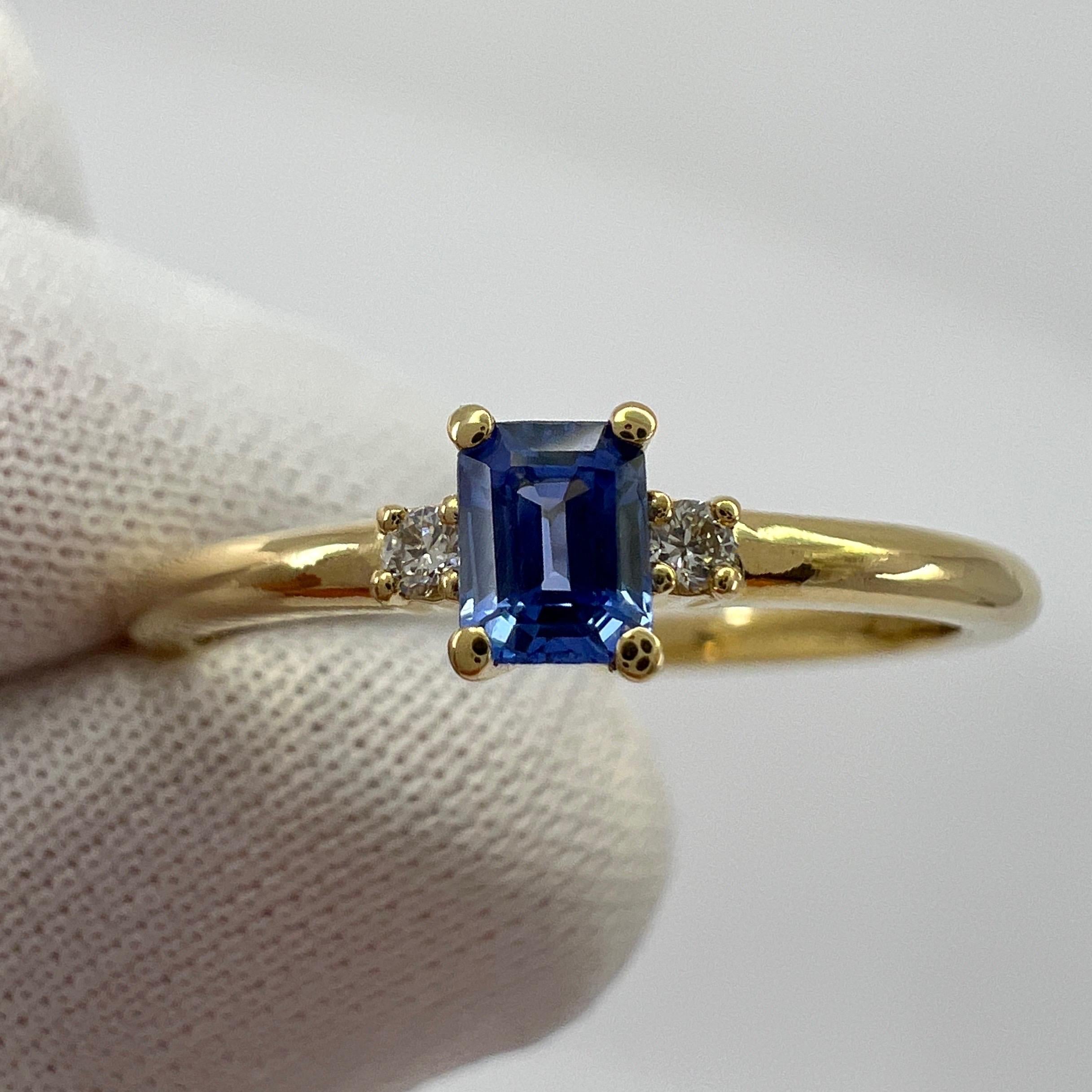 Delicate Ceylon Blue Emerald Cut Sapphire & Diamond Three Stone 18k Gold Ring For Sale 6