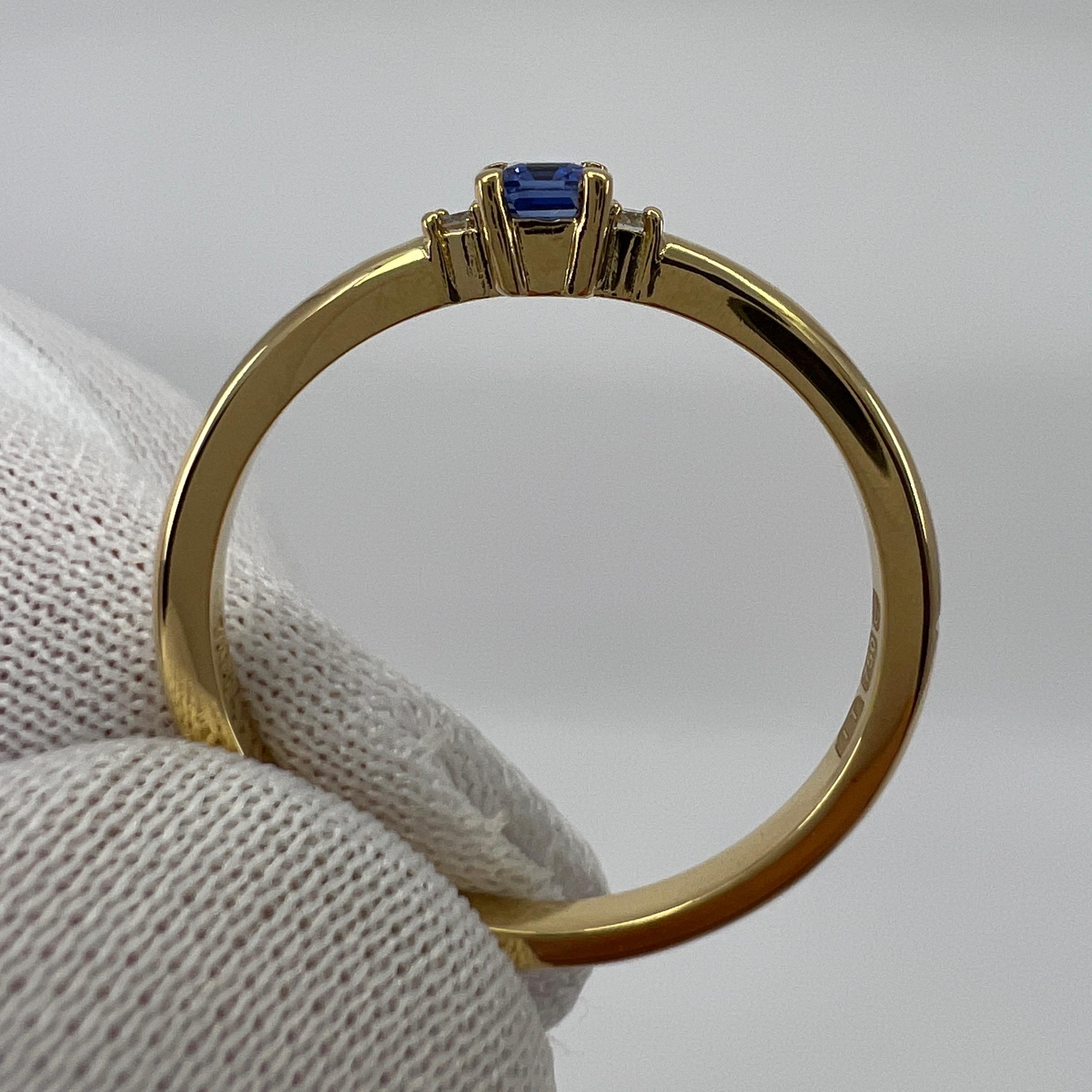 Delicate Ceylon Blue Emerald Cut Sapphire & Diamond Three Stone 18k Gold Ring For Sale 3
