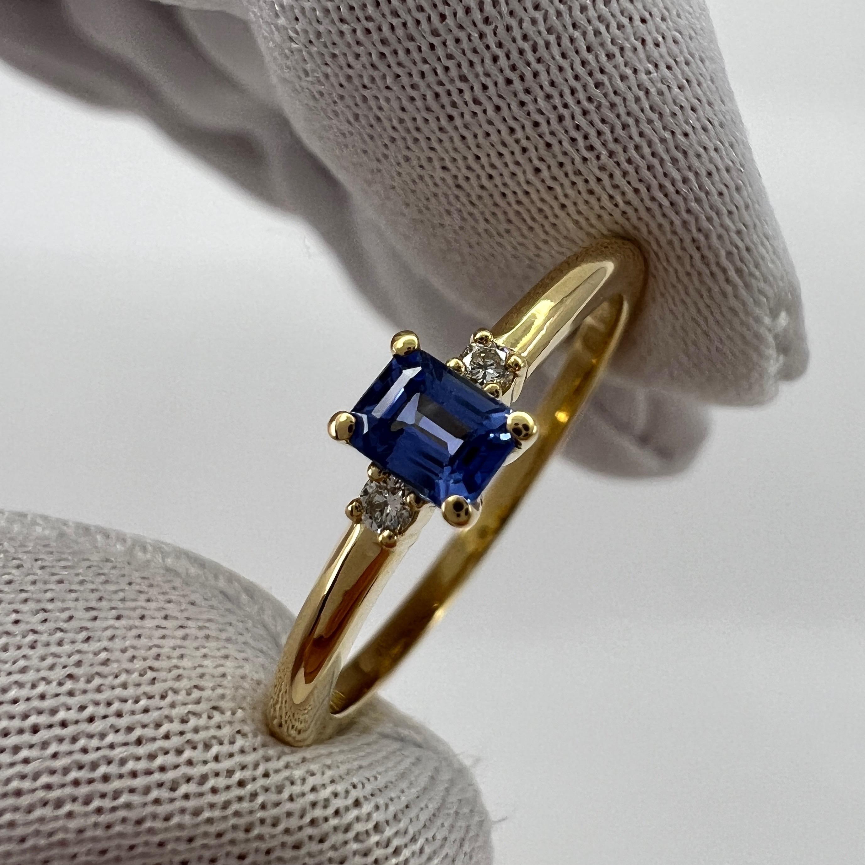 Delicate Ceylon Blue Emerald Cut Sapphire & Diamond Three Stone 18k Gold Ring For Sale 4