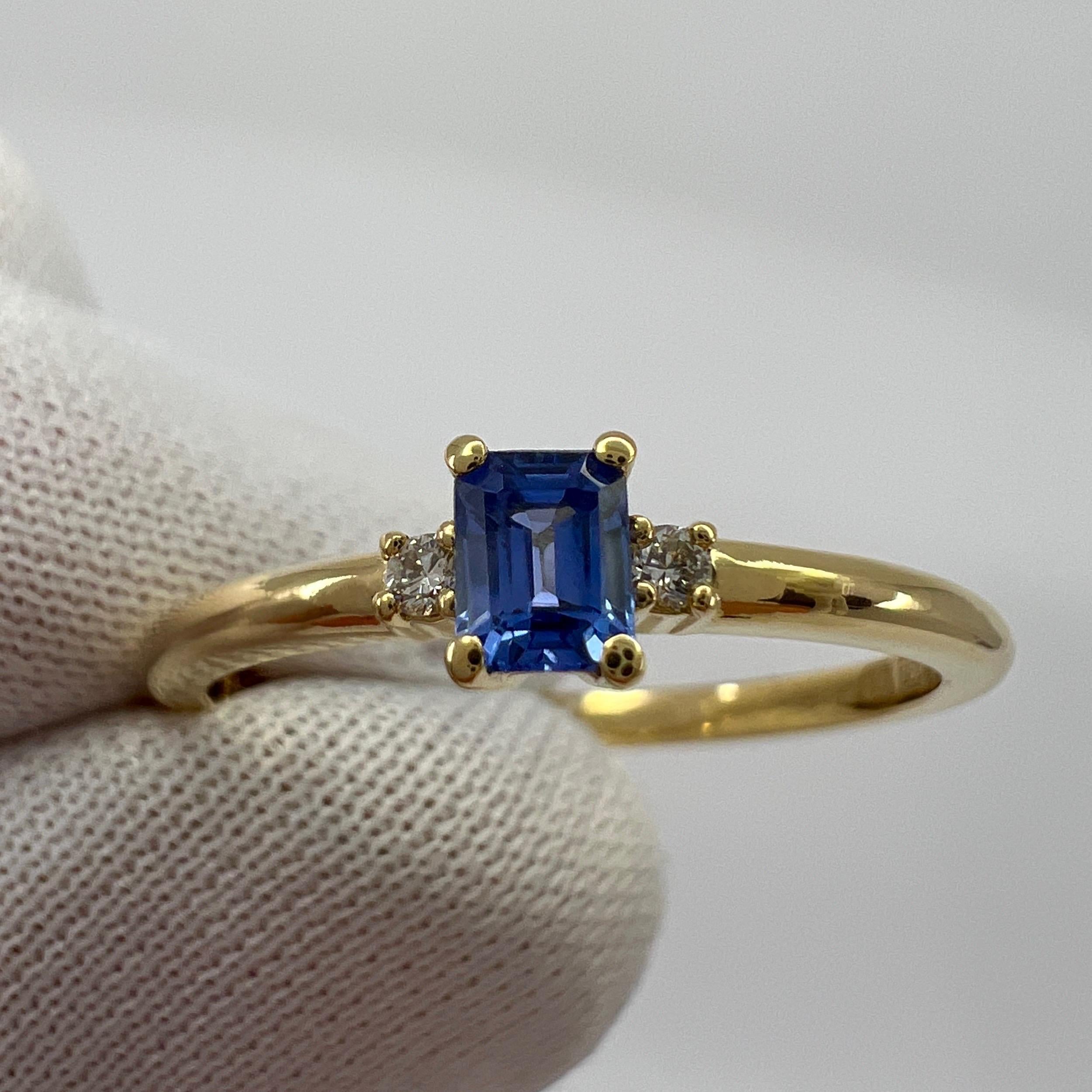 Delicate Ceylon Blue Emerald Cut Sapphire & Diamond Three Stone 18k Gold Ring For Sale 5