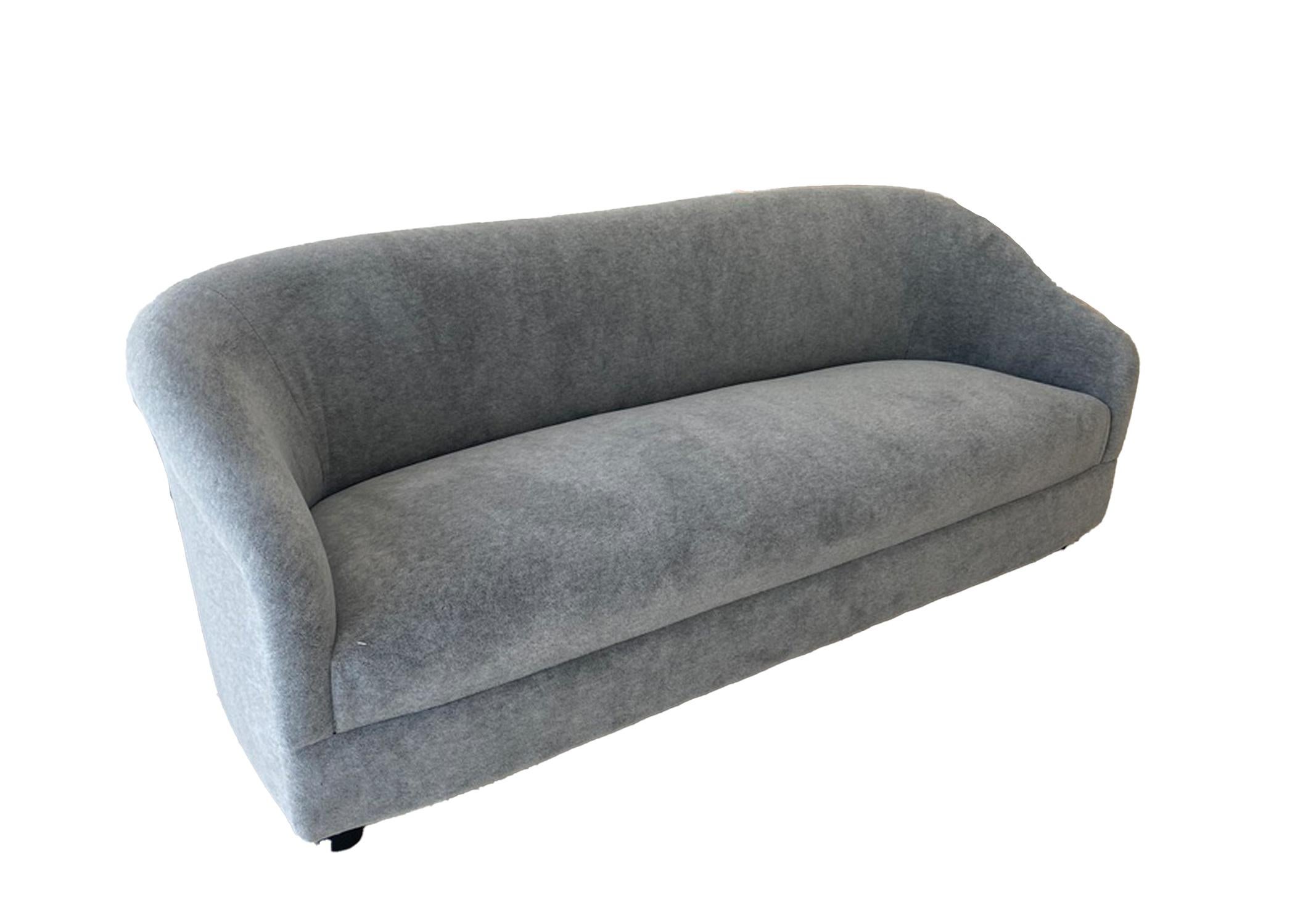 Delicate, curved sofa in silvery-grey Mohair ideal for 3-person seating in an elegant scale.