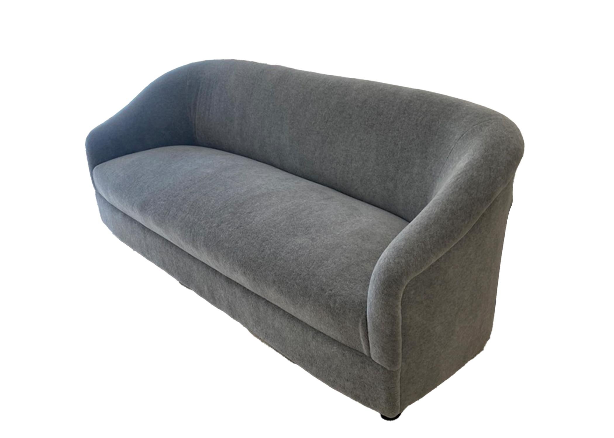 Mid-Century Modern Delicate, Curved Sofa in Newly Upholstered Silvery-Grey Mohair For Sale