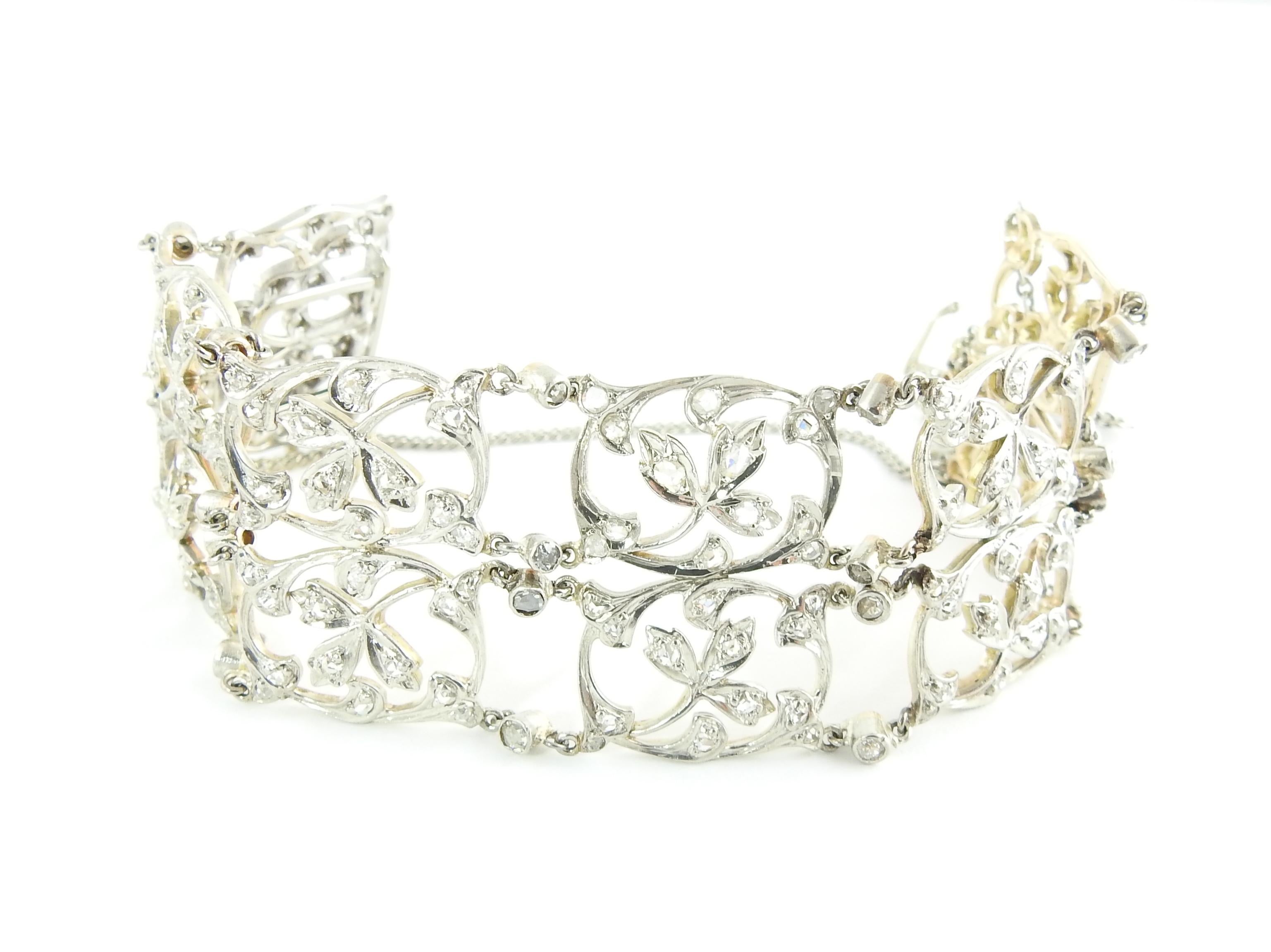 Delicate Design Platinum 18 Karat Rose Gold Diamond Bracelet Floral Motif In Good Condition In Washington Depot, CT