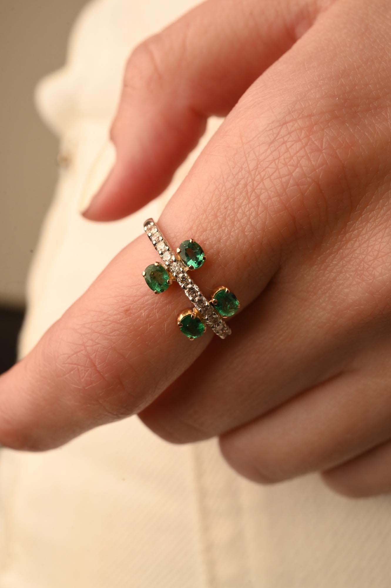 For Sale:  Delicate Diamond and Oval Cut Emerald Ring in Solid 14K Solid White Gold 6