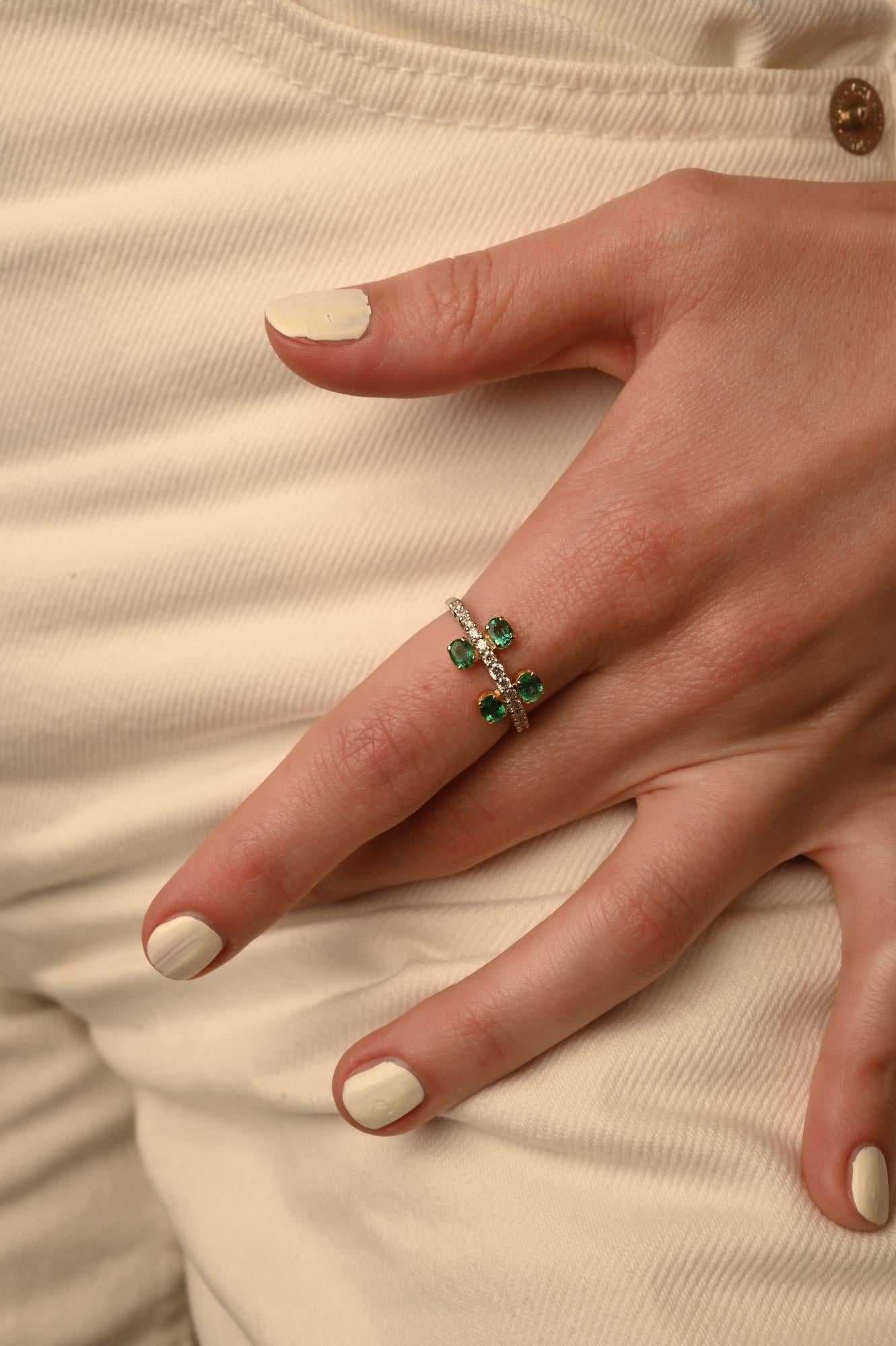 For Sale:  Delicate Diamond and Oval Cut Emerald Ring in Solid 14K Solid White Gold 8