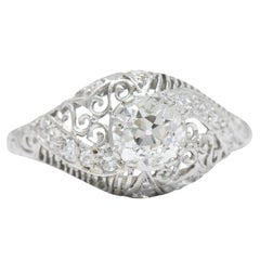 Delicate Edwardian 0.95 Carat Diamond Platinum Filigree Engagement Ring GIA