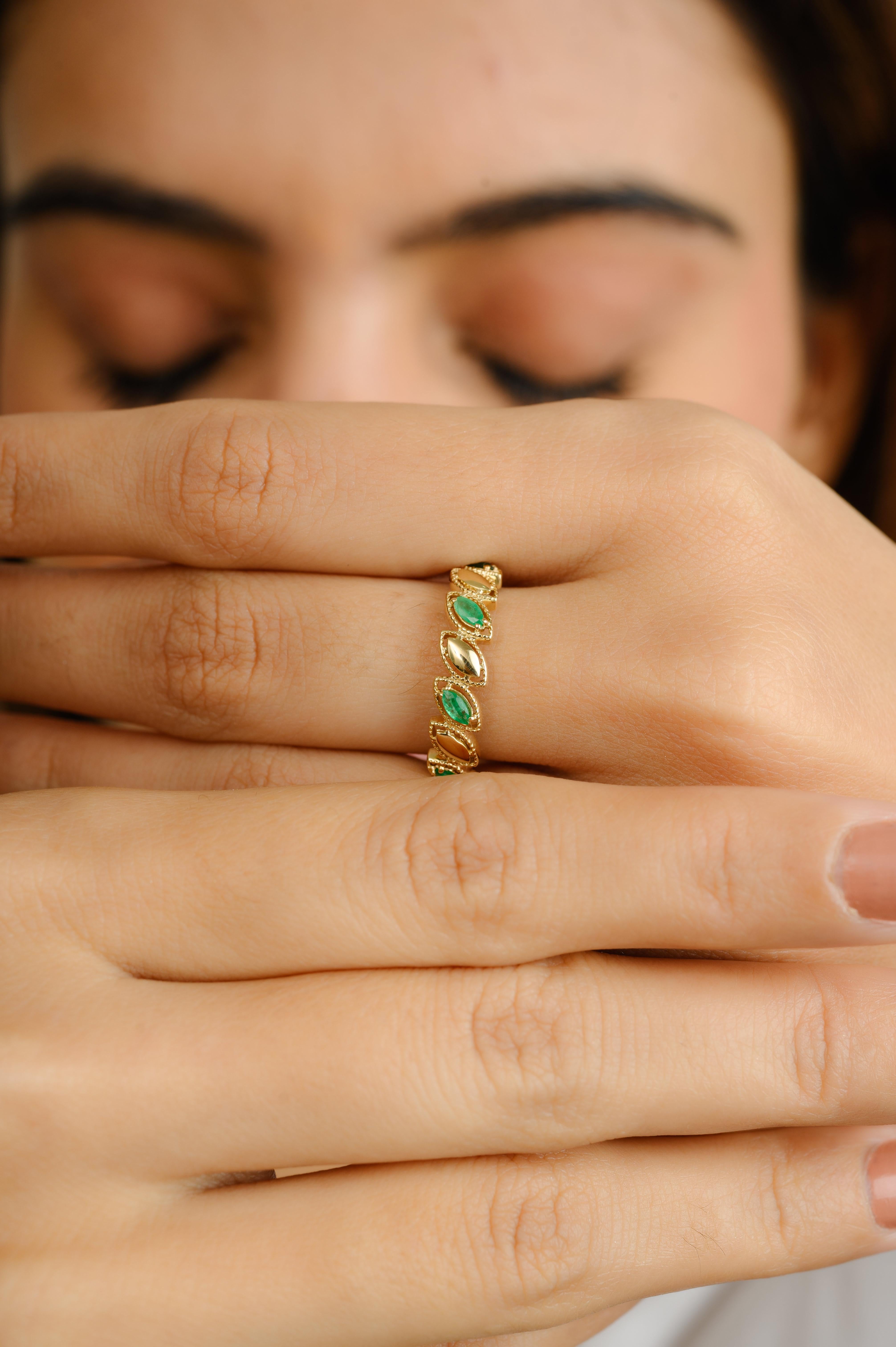 For Sale:  Delicate Emerald Birthstone Band Ring for Her in 14k Solid Yellow Gold 2