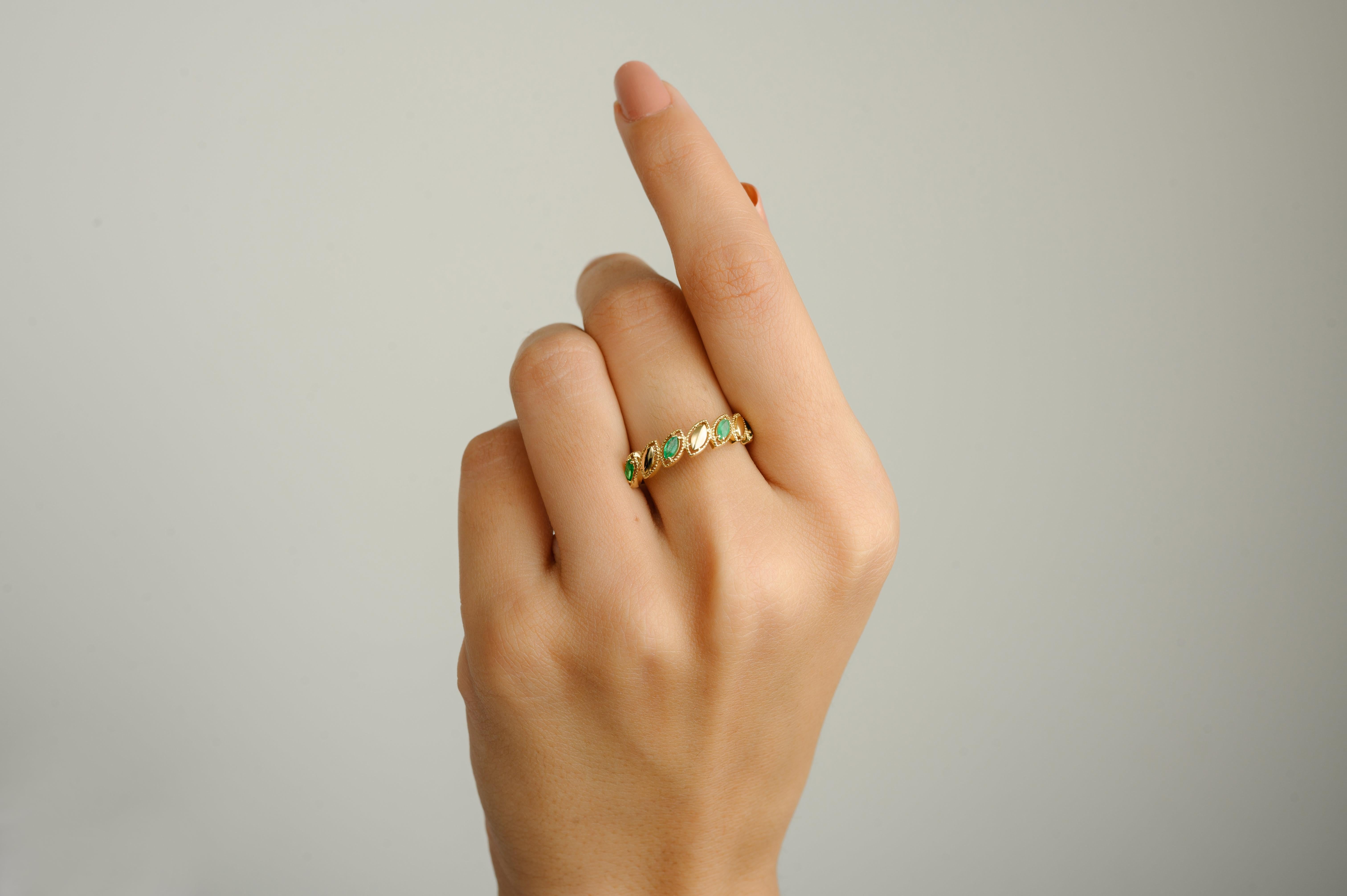 For Sale:  Delicate Emerald Birthstone Band Ring for Her in 14k Solid Yellow Gold 4