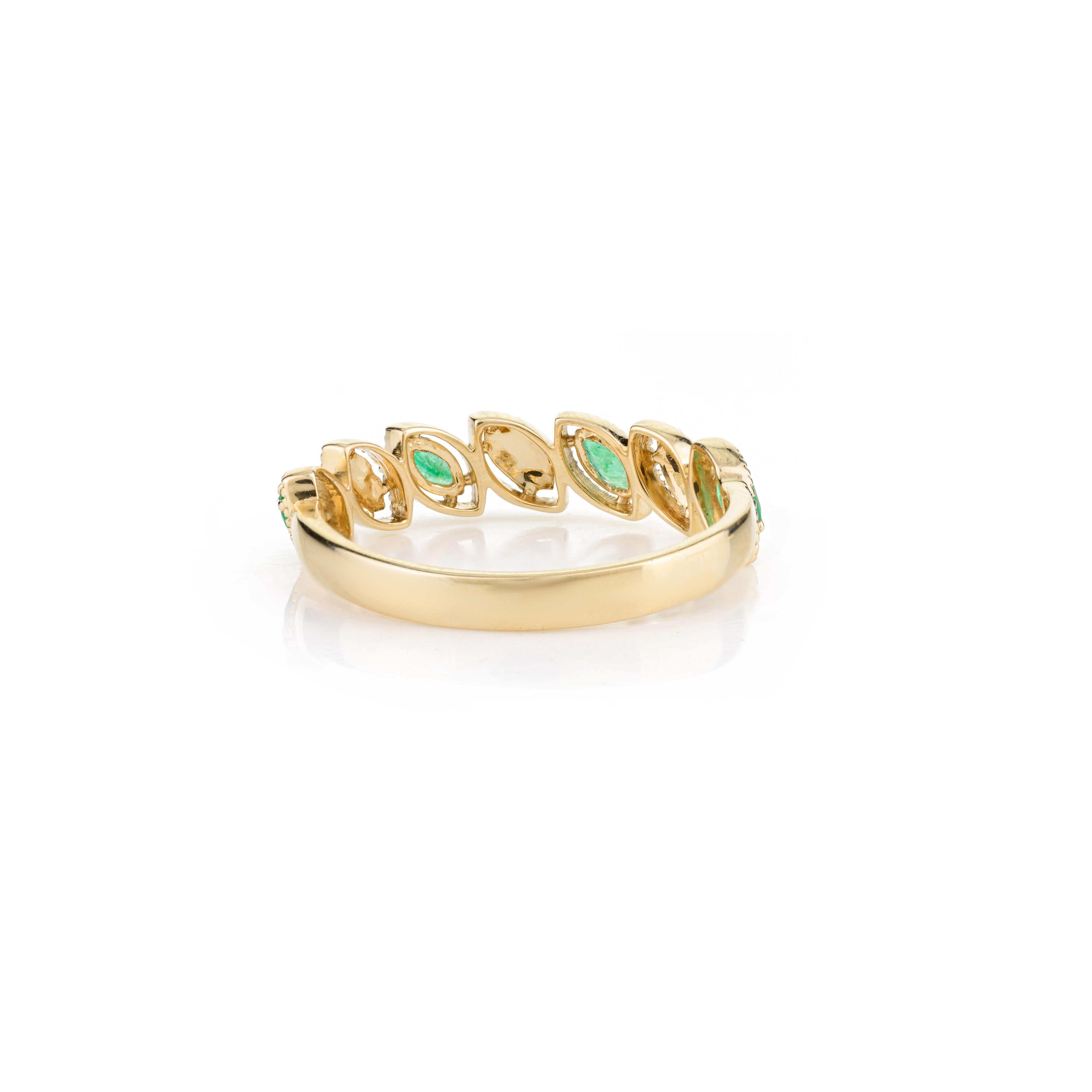 For Sale:  Delicate Emerald Birthstone Band Ring for Her in 14k Solid Yellow Gold 9
