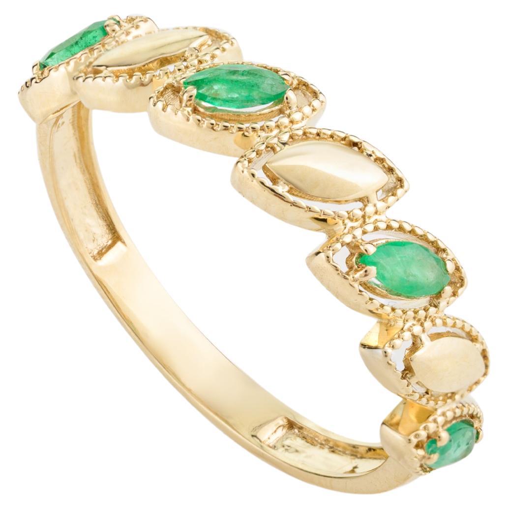 For Sale:  Delicate Emerald Birthstone Wedding Band Ring for Women in 14k Solid Yellow Gold