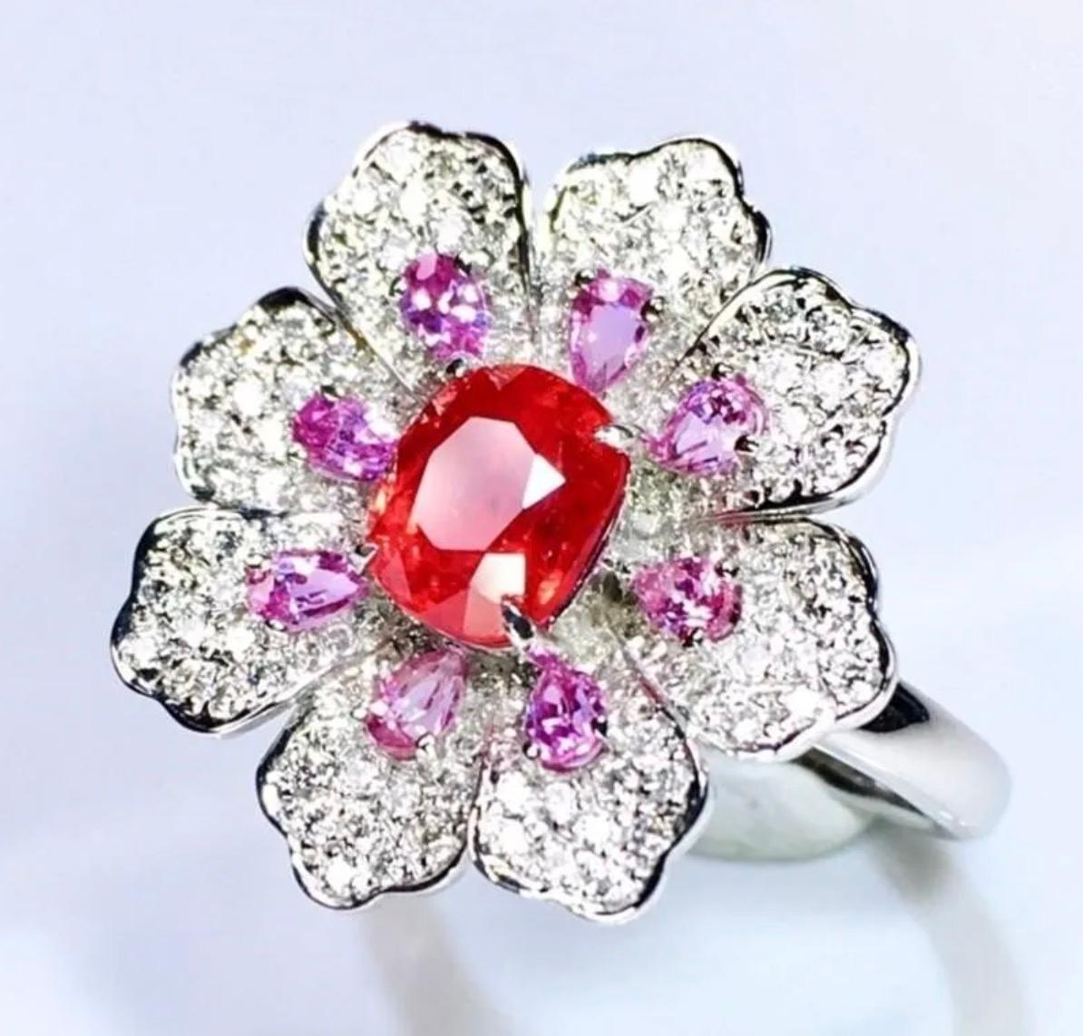 Contemporaneo Anello Ovale Jedi Spinello Diamante Fiore Cocktail 1,03ct Spinello rosa arancione brillante in vendita