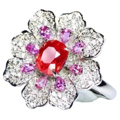 Bague cocktail fleur en spinelle Jedi ovale et diamants 1,03 carat spinelle rose orange vif