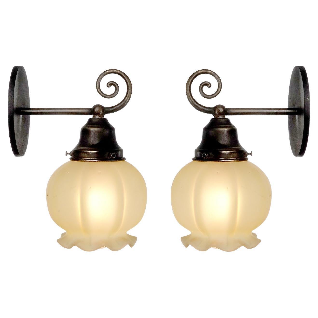 Delicate Flower Form Frosted Vaseline Glass Sconces - Matching Pair