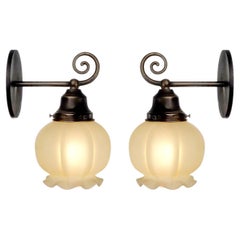 Delicate Flower Form Frosted Vaseline Glass Sconces - Matching Pair