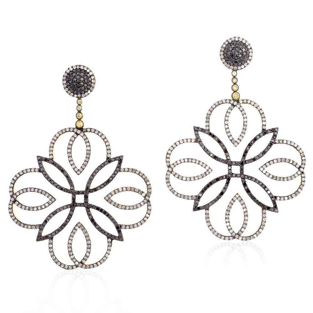 Mixed Cut Delicate Flower Style Earrings with Pave Diamonds Made in Gold & Silver For Sale