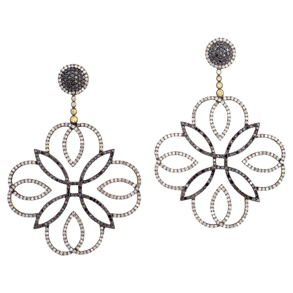 Delicate Flower Style Earrings with Pave Diamonds Made in Gold & Silver For Sale