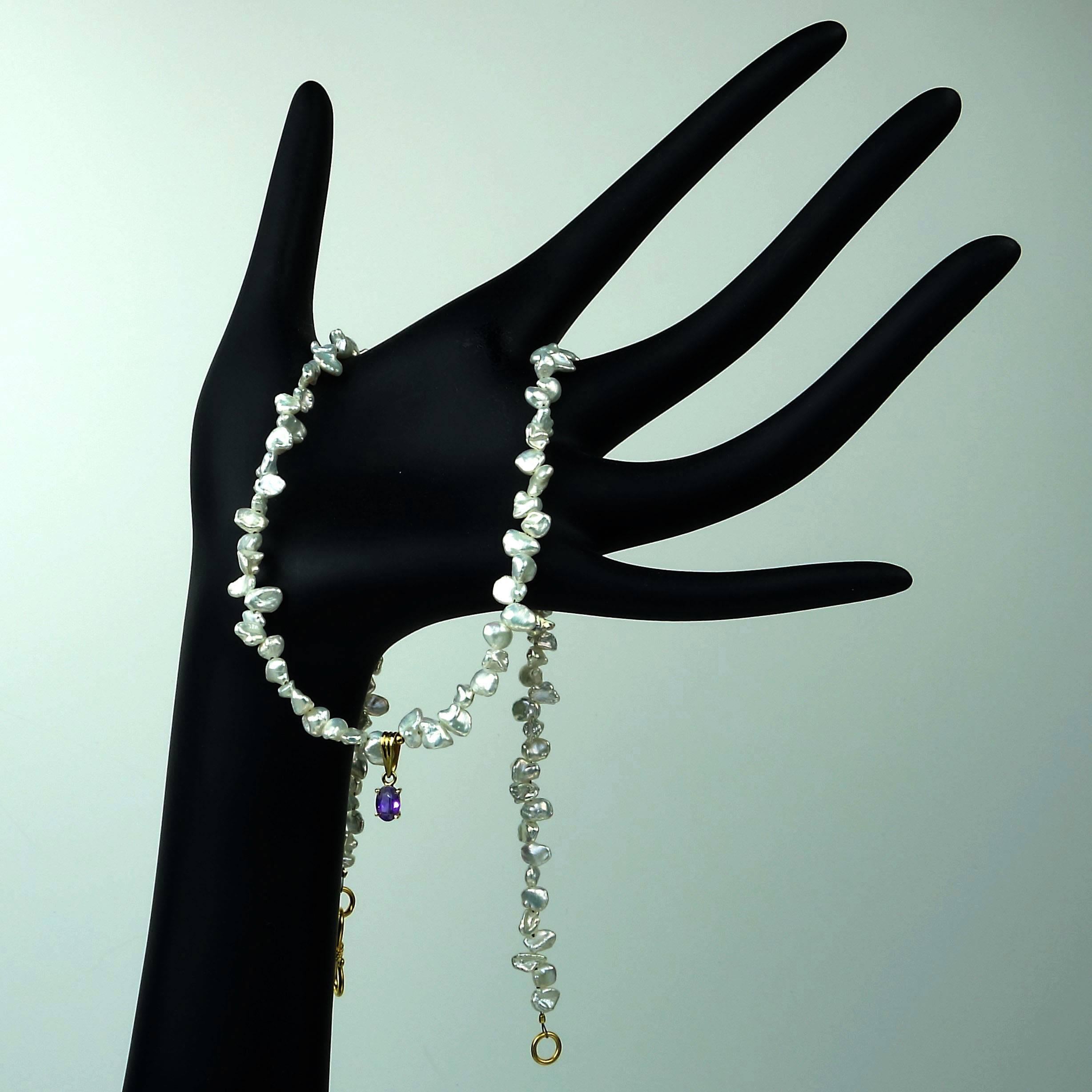 Bead AJD Freshwater Pearl Necklace with Amethyst in 18K Yellow Gold