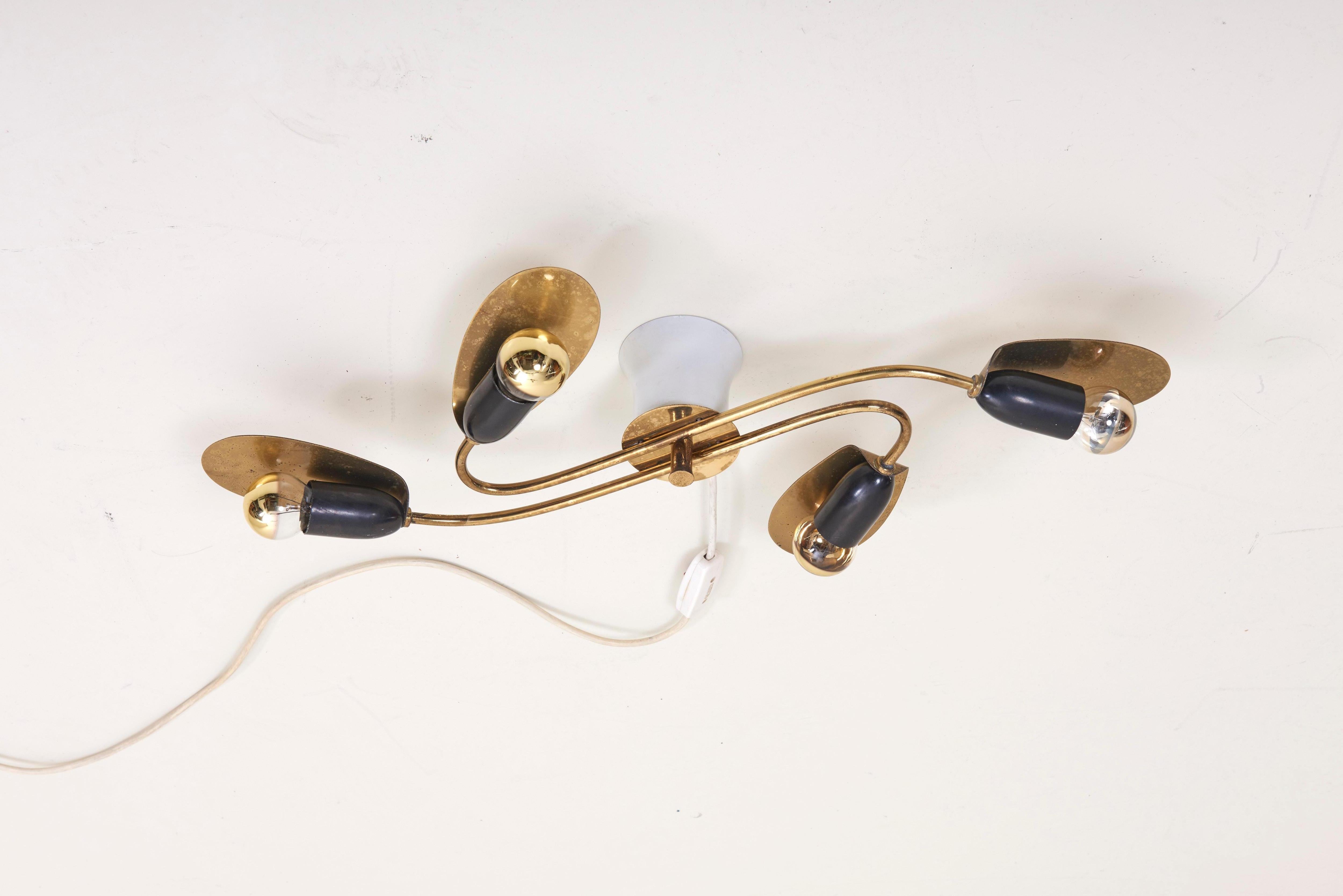 Mid-Century Modern Delicate German 1950s Brass Spider Flush Mount Lamp For Sale
