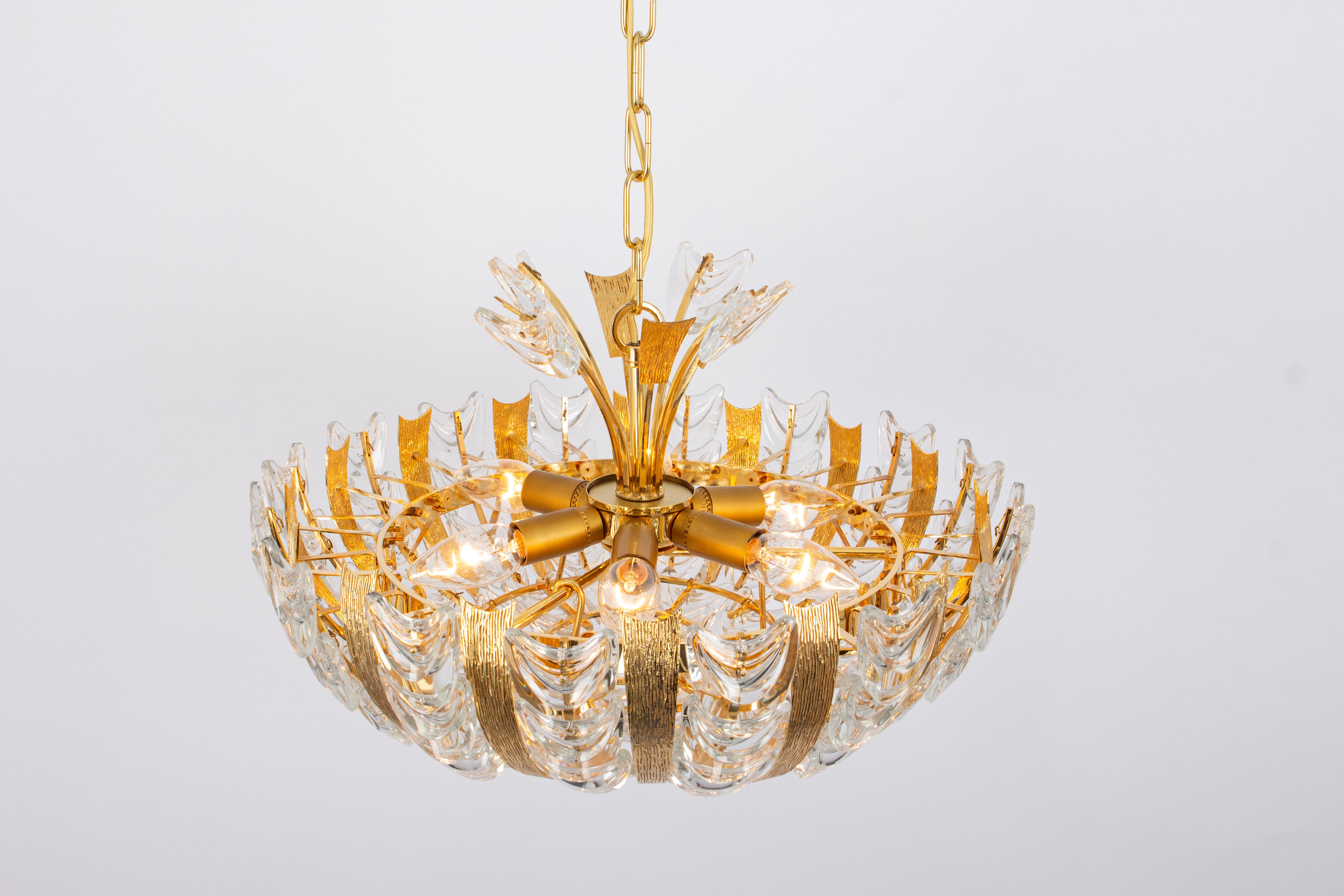 Delicate Gilt Brass Crystal-Glass Flower Chandelier by Palwa, Germany, 1970s For Sale 5