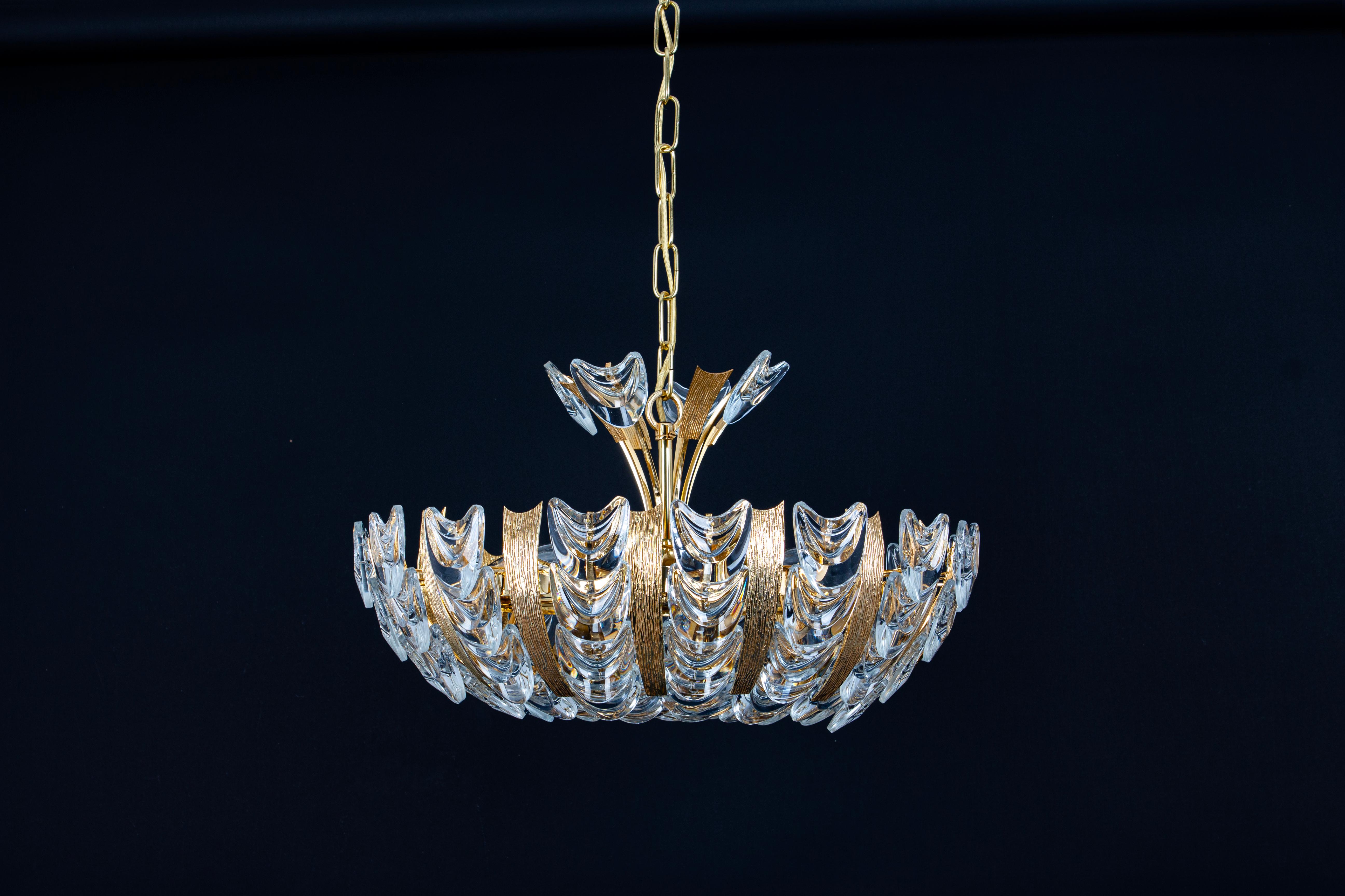 Delicate Gilt Brass Crystal-Glass Flower Chandelier by Palwa, Germany, 1970s For Sale 7