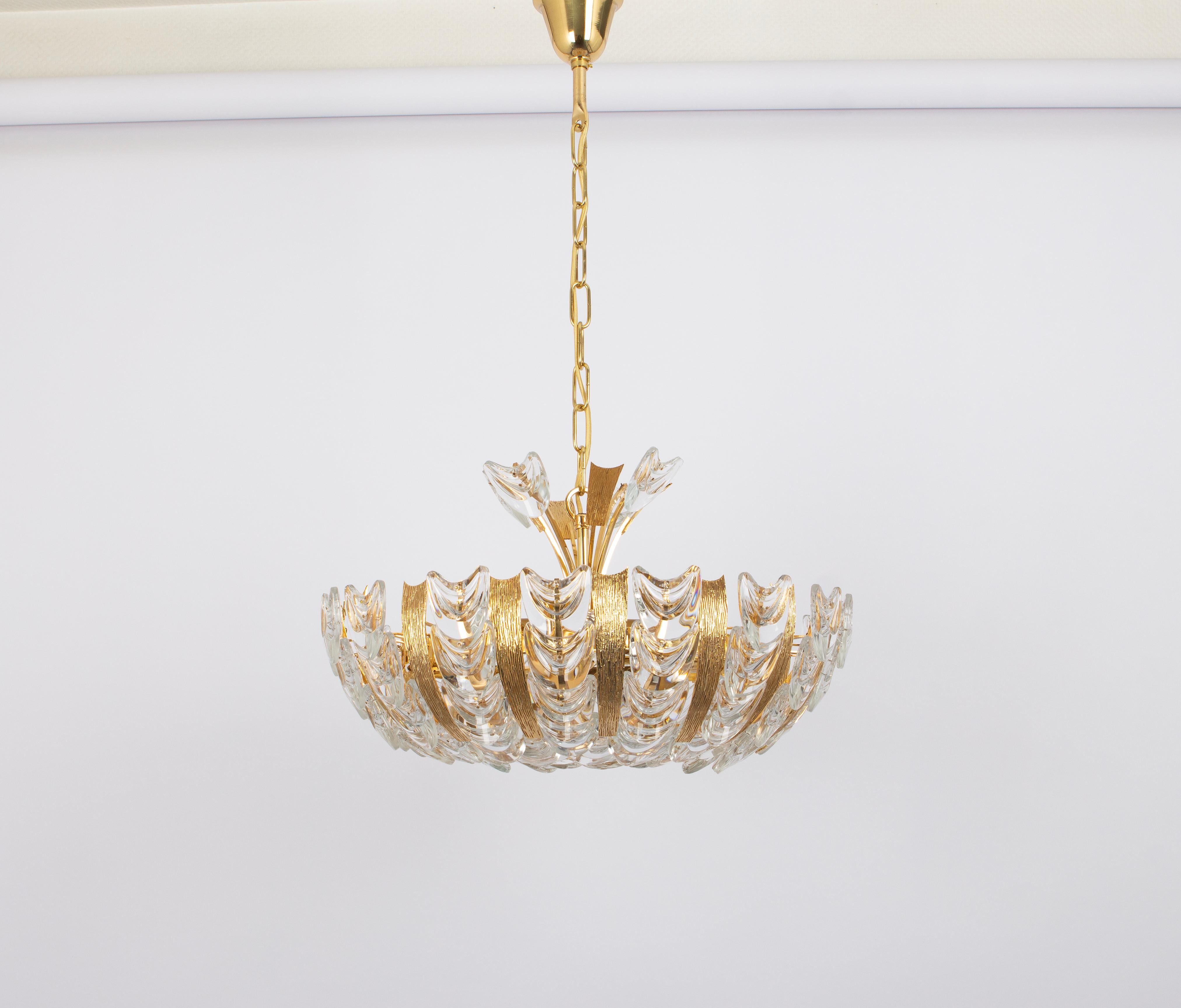 Mid-Century Modern Delicate Gilt Brass Crystal-Glass Flower Chandelier by Palwa, Germany, 1970s For Sale