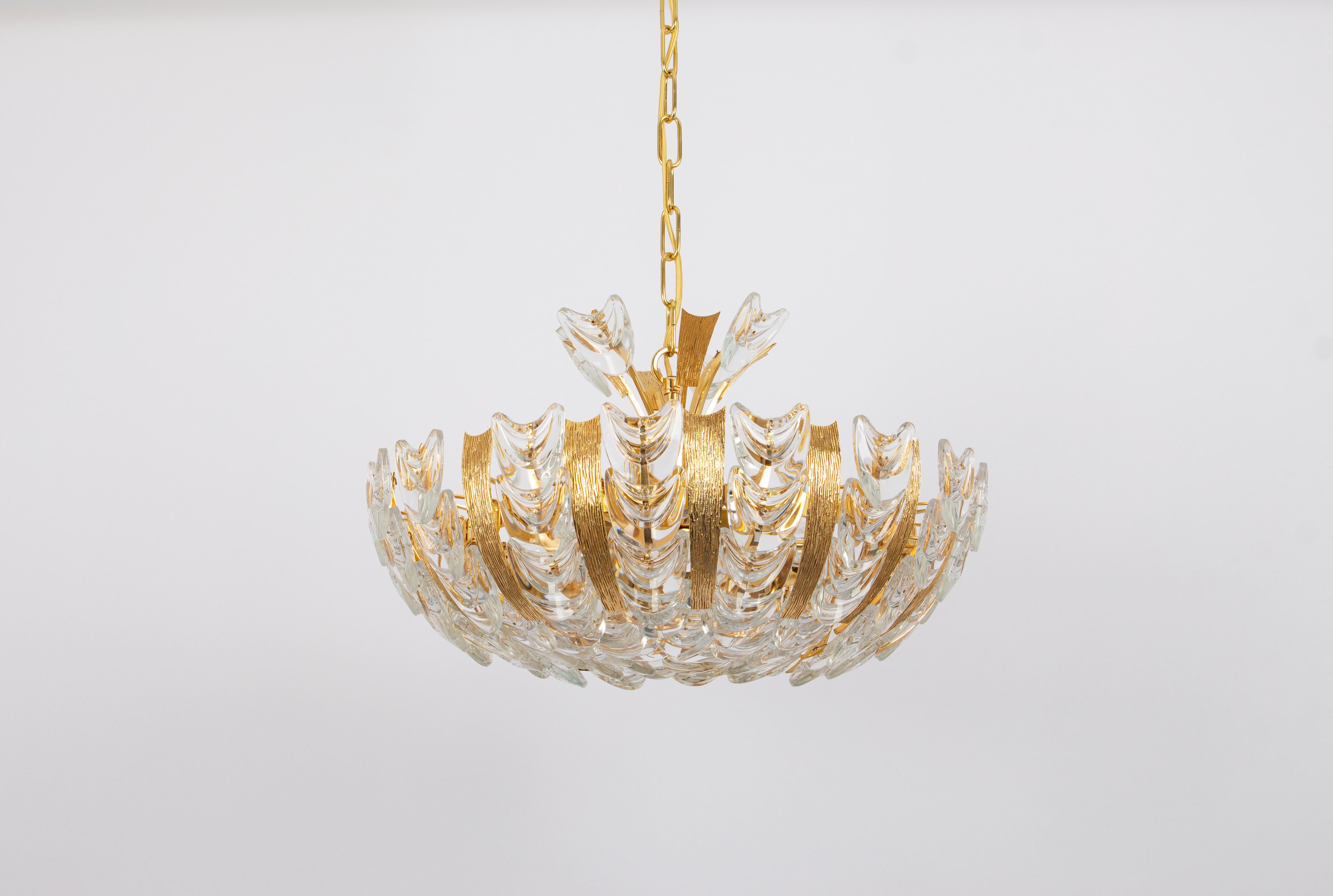 Late 20th Century Delicate Gilt Brass Crystal-Glass Flower Chandelier by Palwa, Germany, 1970s For Sale