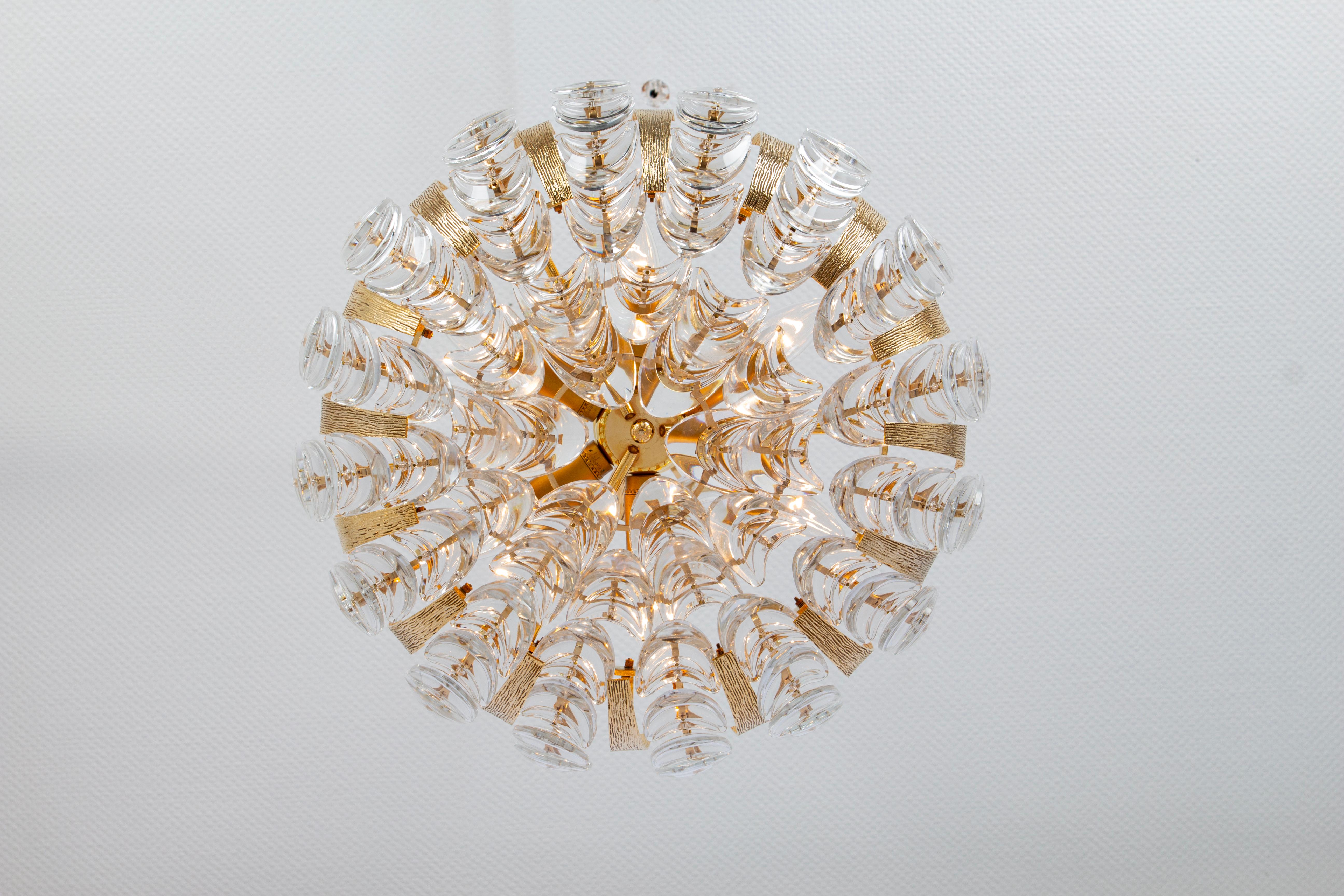 Delicate Gilt Brass Crystal-Glass Flower Chandelier by Palwa, Germany, 1970s For Sale 1